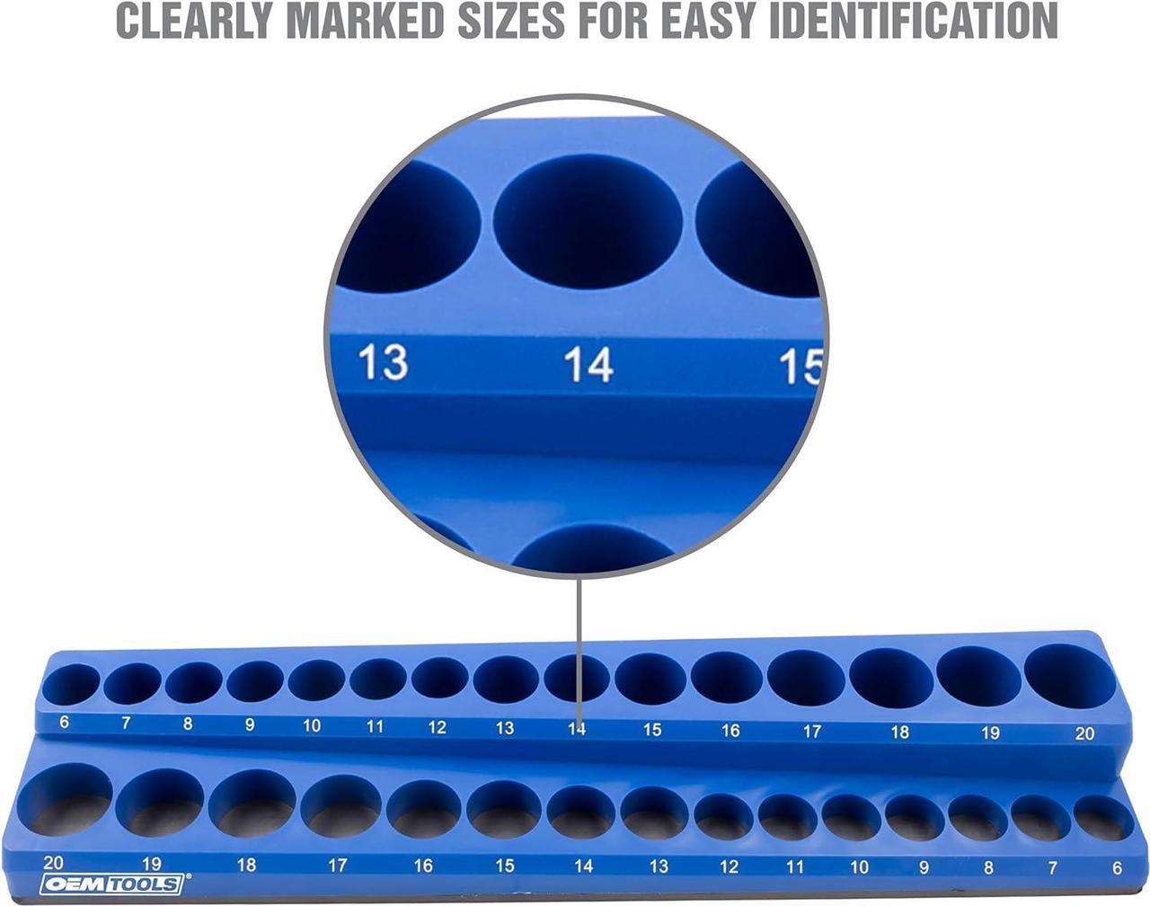 Alt view image 4 of 7 - OEMTOOLS 22486 3 Piece Metric Magnetic Socket Tray Set, Magnetic Socket Organizer Holds Up to 75 Sockets in 1/4", 3/8", and 1/2" Sizes, Blue Magnetic Socket Holders