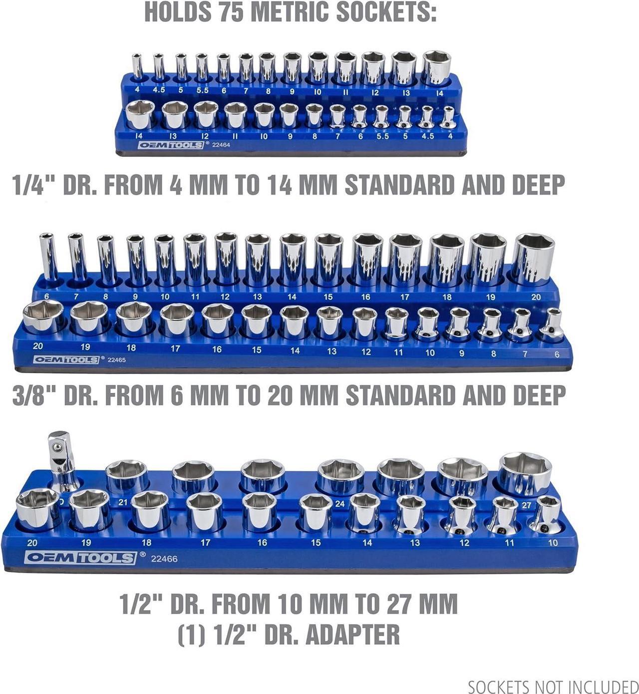 Alt view image 6 of 7 - OEMTOOLS 22486 3 Piece Metric Magnetic Socket Tray Set, Magnetic Socket Organizer Holds Up to 75 Sockets in 1/4", 3/8", and 1/2" Sizes, Blue Magnetic Socket Holders