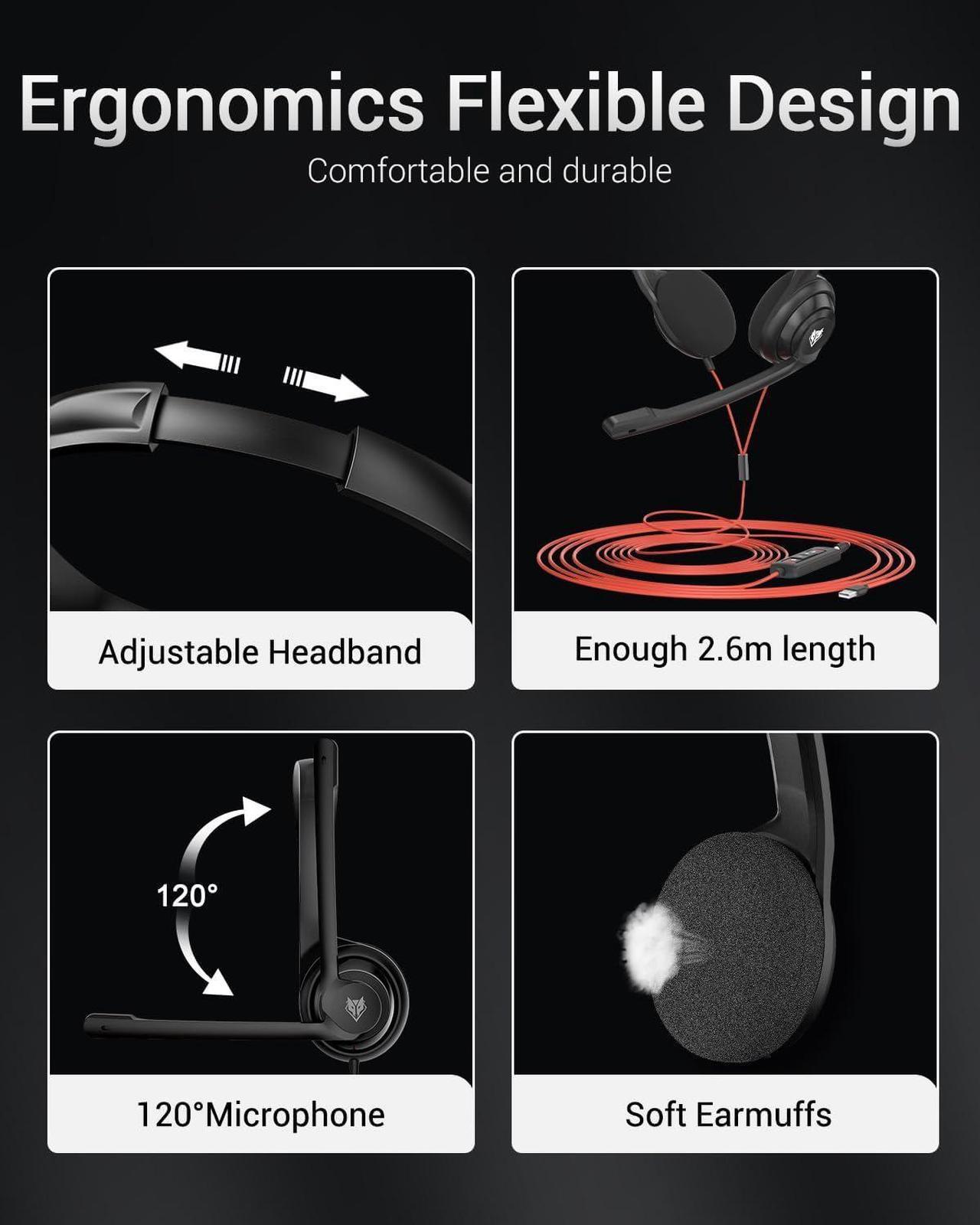 Alt view image 4 of 7 - HW02 USB Computer Headset with Clear Chat Microphone Lightweight On-Ear Wired Headset for MS Teams Skype Webinars Call Center and More (Black)