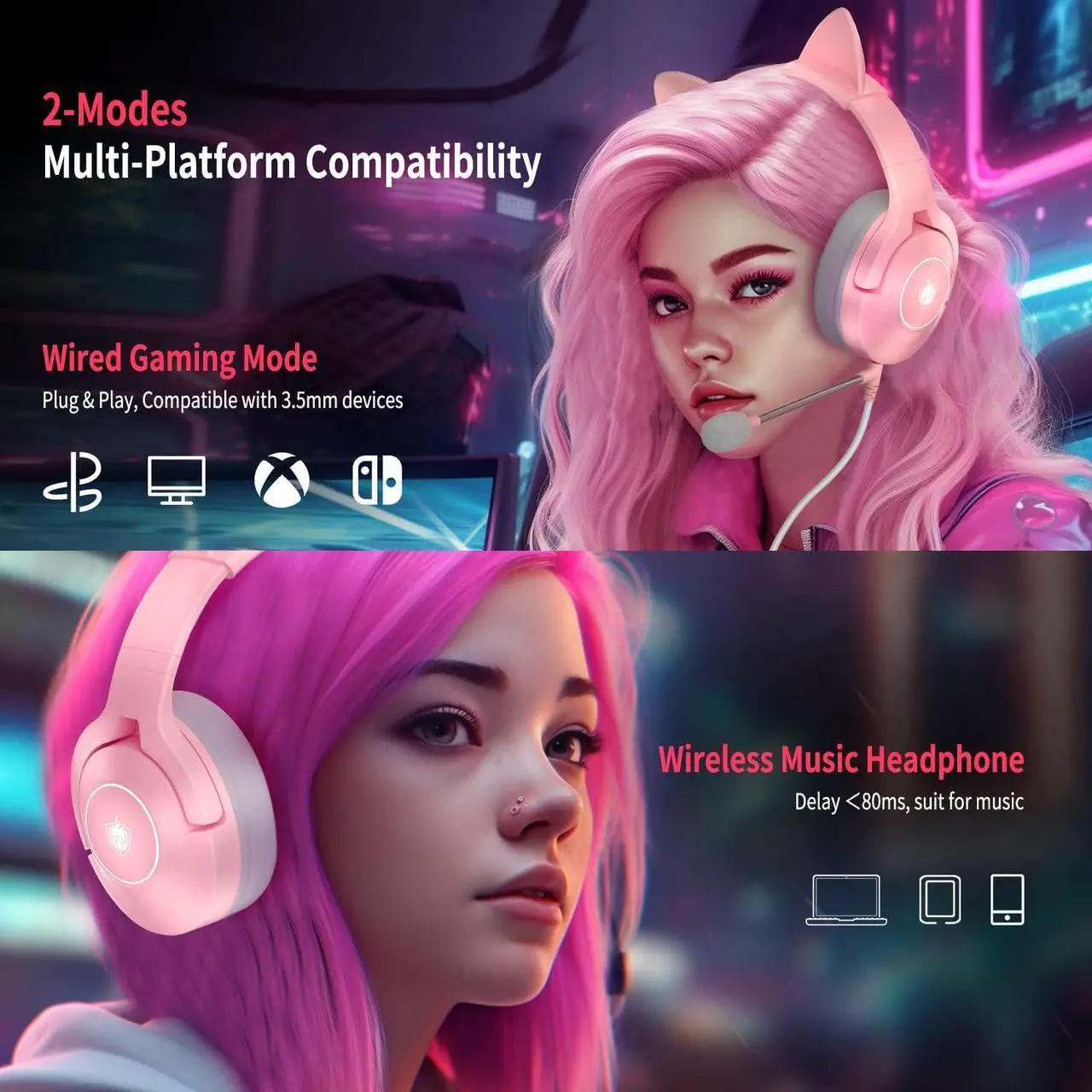 Alt view image 2 of 7 - PHOINIKAS PS4 Gaming Headset for PS5, PC, Switch, Q9 Over Ear Gaming Headphones with Detachable Mic, Wireless Bluetooth 5.3 Music Headphones only for Phone/Laptop/Table (Pink)
