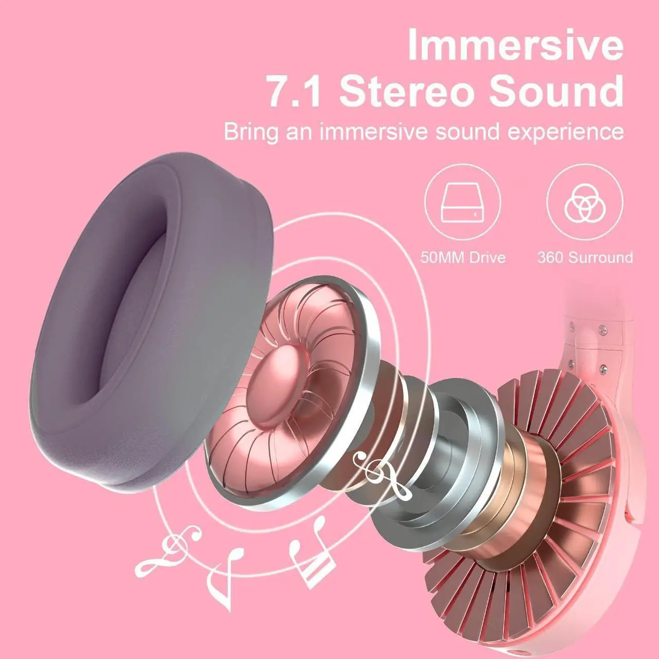 Alt view image 4 of 7 - PHOINIKAS PS4 Gaming Headset for PS5, PC, Switch, Q9 Over Ear Gaming Headphones with Detachable Mic, Wireless Bluetooth 5.3 Music Headphones only for Phone/Laptop/Table (Pink)
