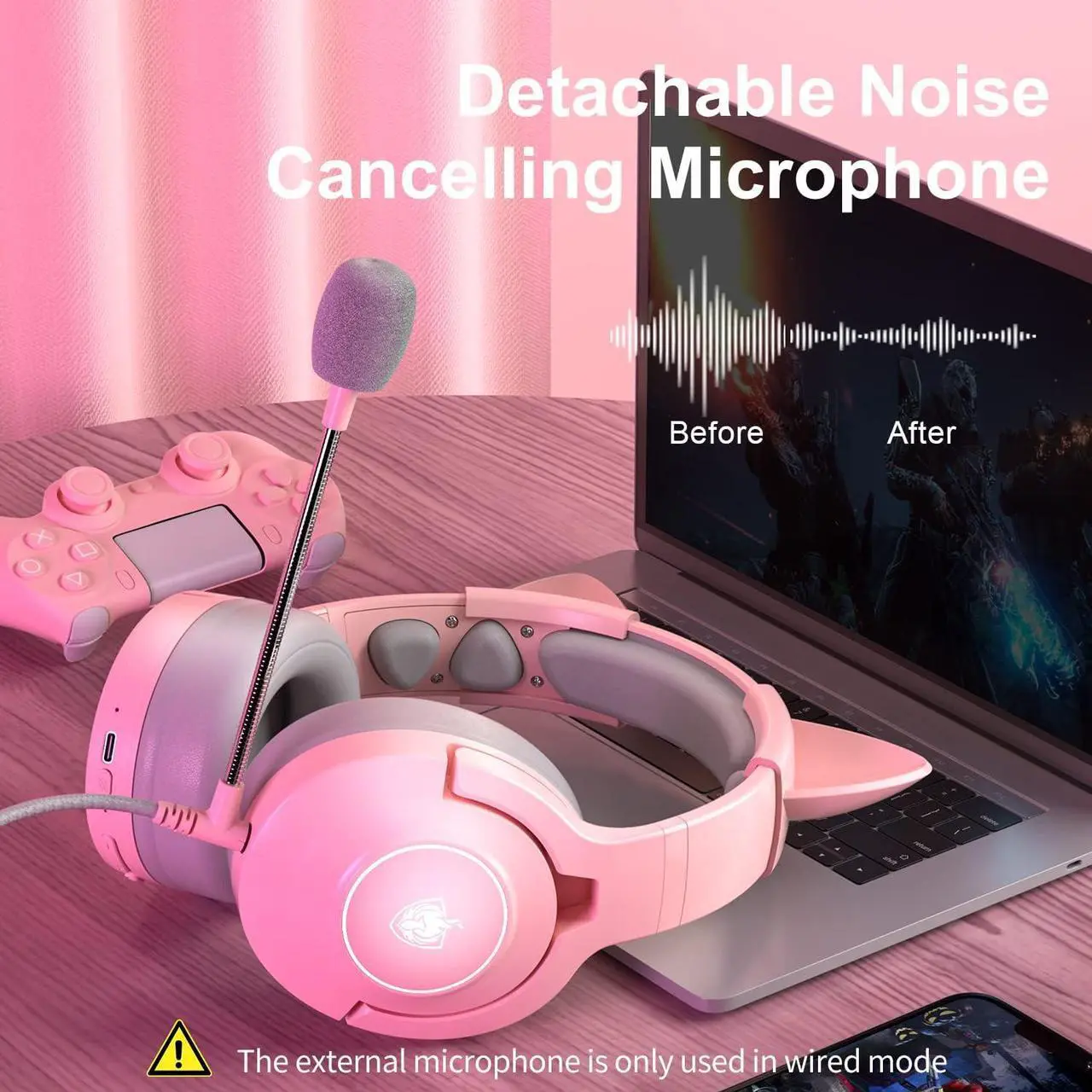 Alt view image 3 of 7 - PHOINIKAS PS4 Gaming Headset for PS5, PC, Switch, Q9 Over Ear Gaming Headphones with Detachable Mic, Wireless Bluetooth 5.3 Music Headphones only for Phone/Laptop/Table (Pink)