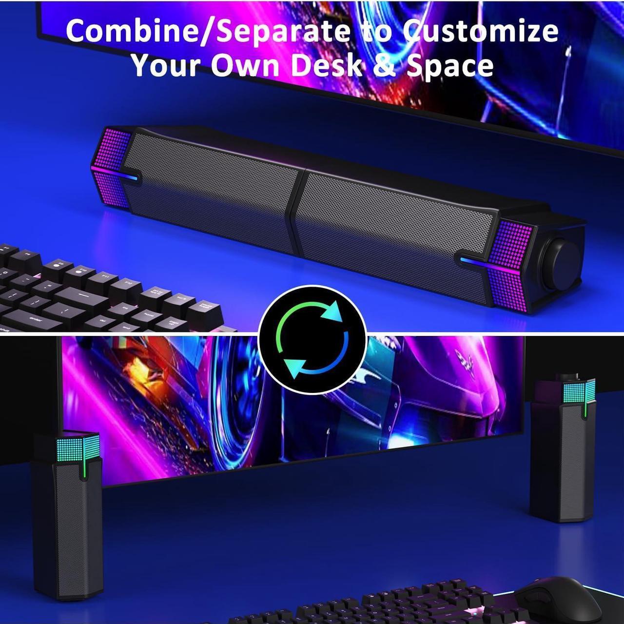 Alt view image 2 of 7 - Jeecoo M20 Bluetooth Computer Speakers for PC Desktop Monitor, Gaming PC Sound Bar - Wired USB-Powered, Superb Stereo Sound, with Gradient LED Lighting - Combine/Separate to Customize Your Desk