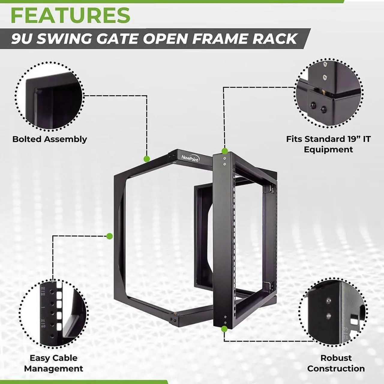 Alt view image 2 of 6 - NavePoint 9U Server Rack with Swing Gate - 9U Wall Mount Rack for 19 Inch IT Equipment Open Frame Rack  Network Rack Wall Mount for AV & Server Equipment 18 Deep 9U Rack, Black
