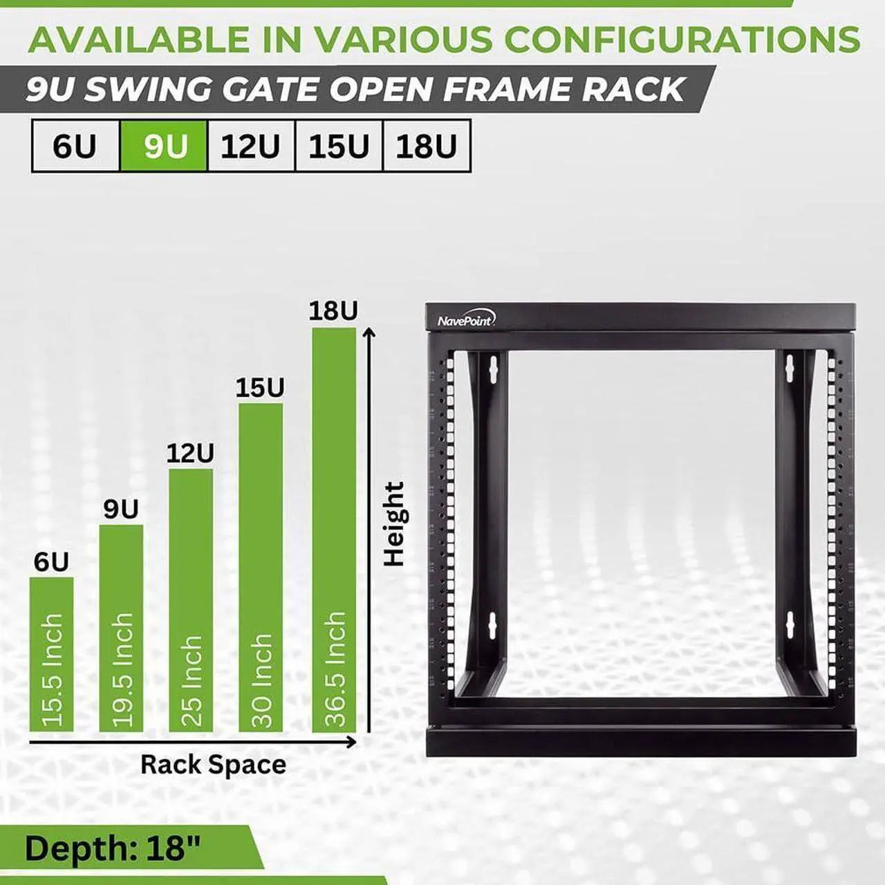 Alt view image 3 of 6 - NavePoint 9U Server Rack with Swing Gate - 9U Wall Mount Rack for 19 Inch IT Equipment Open Frame Rack  Network Rack Wall Mount for AV & Server Equipment 18 Deep 9U Rack, Black