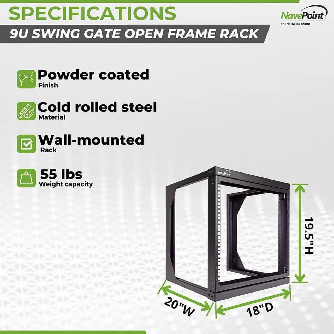 Alt view image 4 of 6 - NavePoint 9U Server Rack with Swing Gate - 9U Wall Mount Rack for 19 Inch IT Equipment Open Frame Rack  Network Rack Wall Mount for AV & Server Equipment 18 Deep 9U Rack, Black