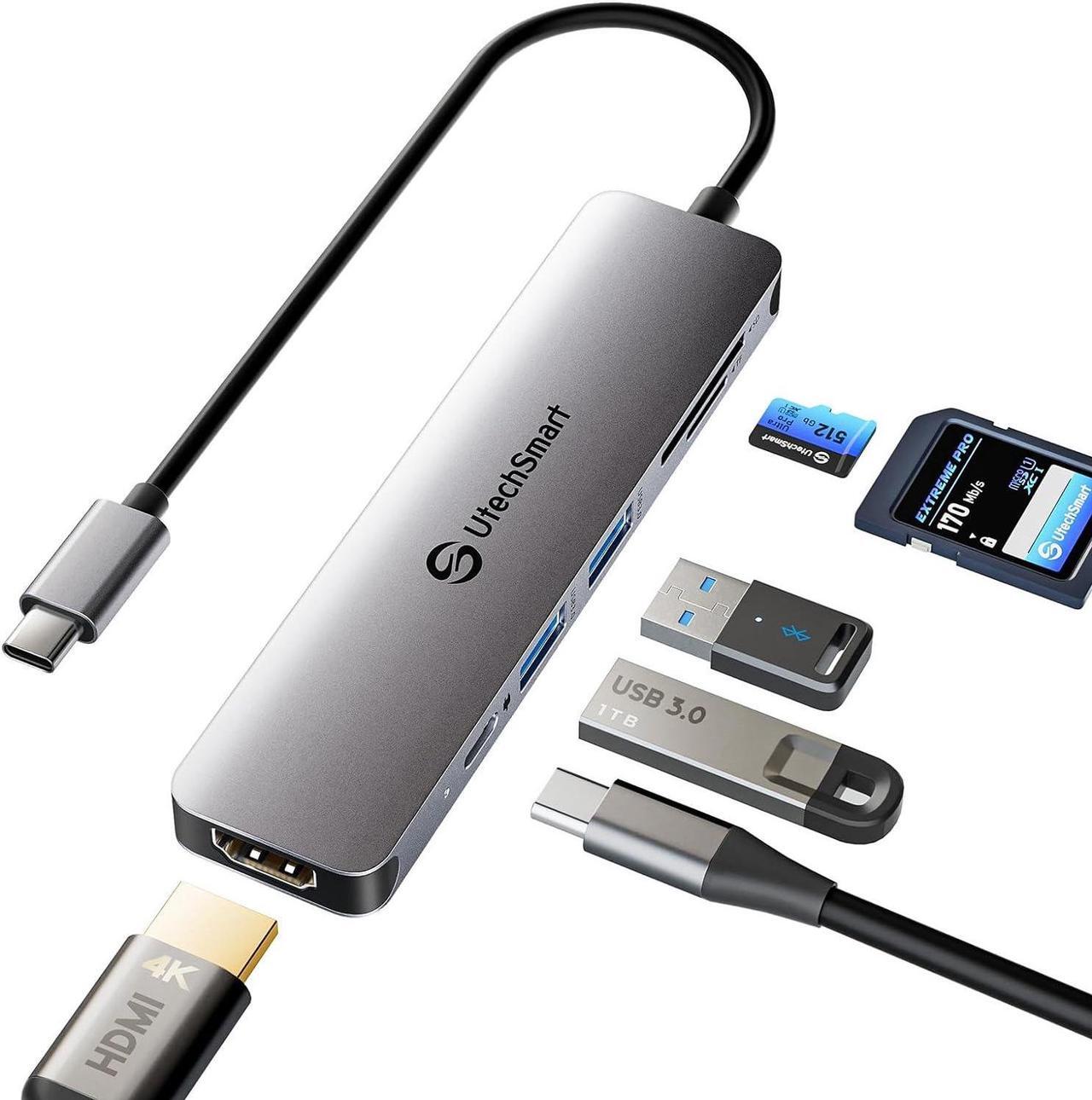 Main image of UtechSmart USB C Hub, 4K@60Hz USB C to HDMI Adapter for MacBook Pro Air, 6 in 1 USB C Dongle Compatible for USB C Laptop and Type C Devices (100W PD Port/HDMI/SD/TF Card Reader/2*USB3.0)