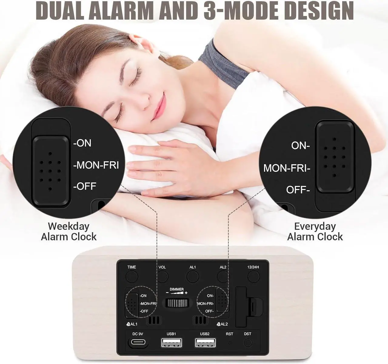Alt view image 6 of 7 - Wooden Digital Alarm Clock, 10W Fast Wireless Charger Station & 2 USB Charging Ports, with 0~99% Dimmer, Dual Alarm, Weekday/Weekend Mode, Wood LED Clock for Bedroom, Desk, Office