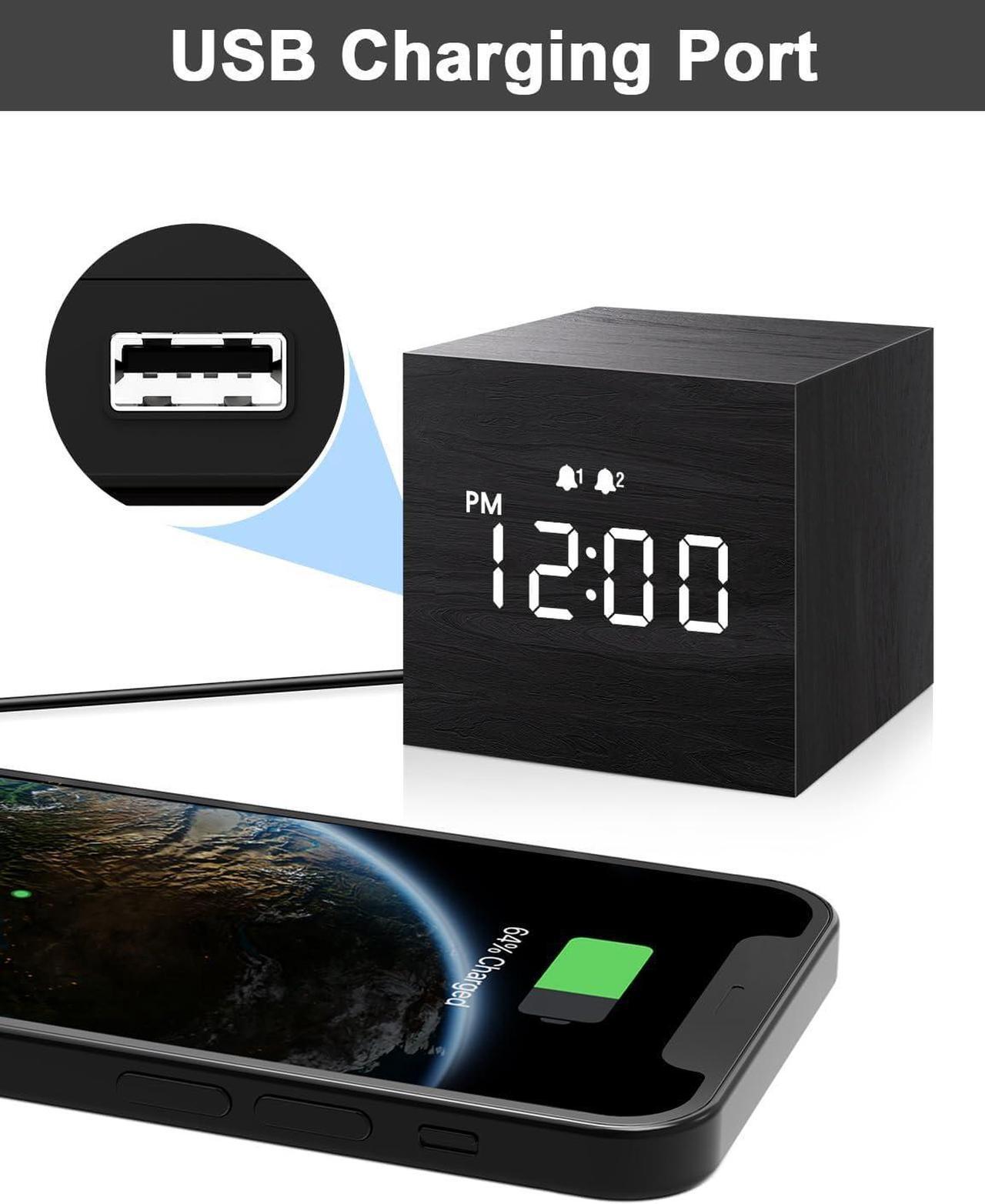 Alt view image 2 of 7 - JALL Digital Alarm Clock, with Wooden Electronic LED Time Display, Dual Alarm, 2.5-inch Cubic Small Mini Wood Made Electric Clocks for Bedroom, Bedside, Desk, Black