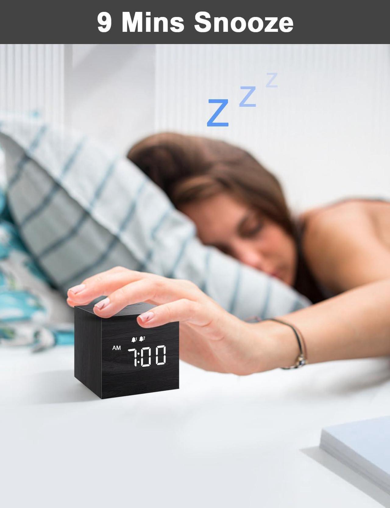 Alt view image 3 of 7 - JALL Digital Alarm Clock, with Wooden Electronic LED Time Display, Dual Alarm, 2.5-inch Cubic Small Mini Wood Made Electric Clocks for Bedroom, Bedside, Desk, Black