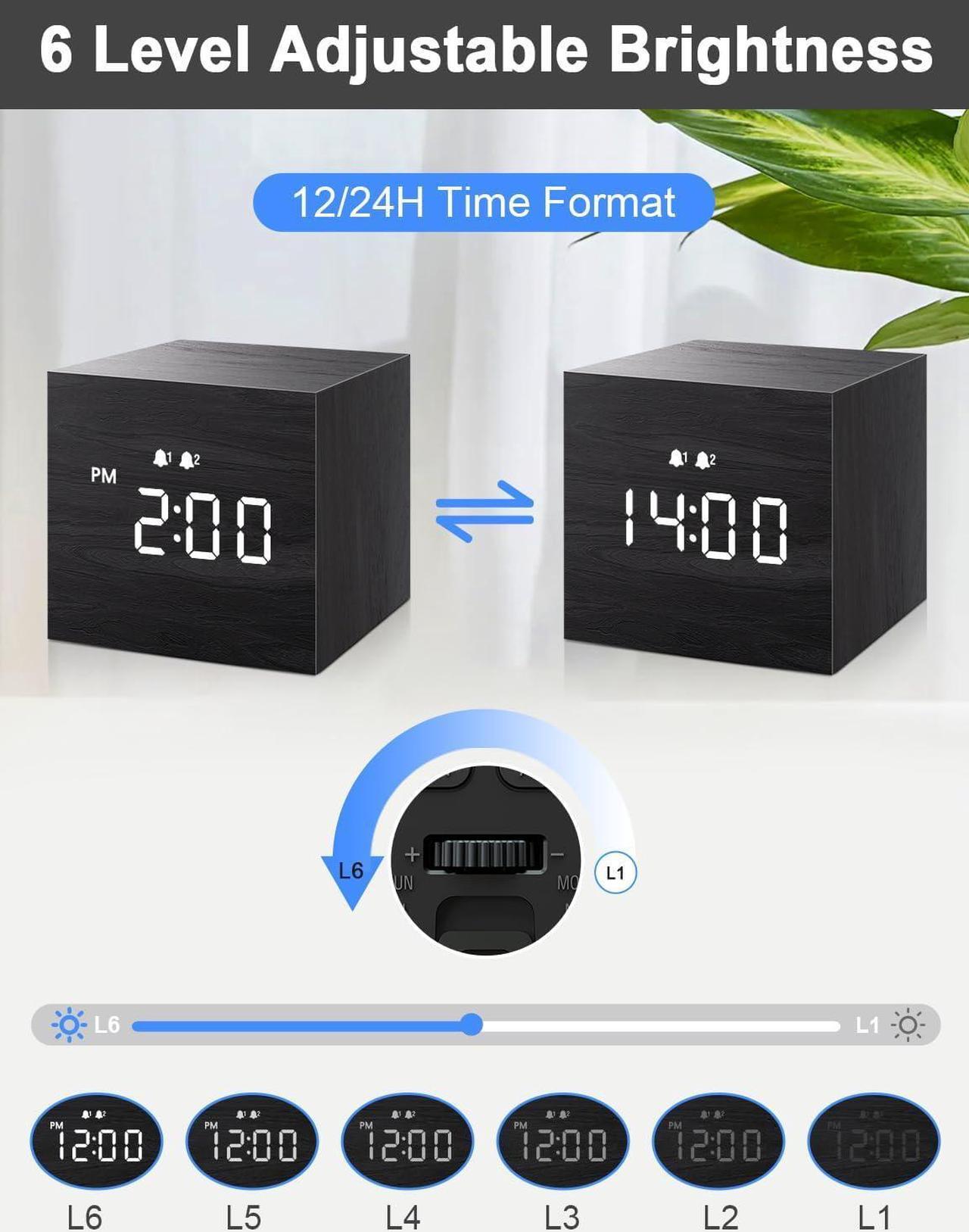 Alt view image 5 of 7 - JALL Digital Alarm Clock, with Wooden Electronic LED Time Display, Dual Alarm, 2.5-inch Cubic Small Mini Wood Made Electric Clocks for Bedroom, Bedside, Desk, Black