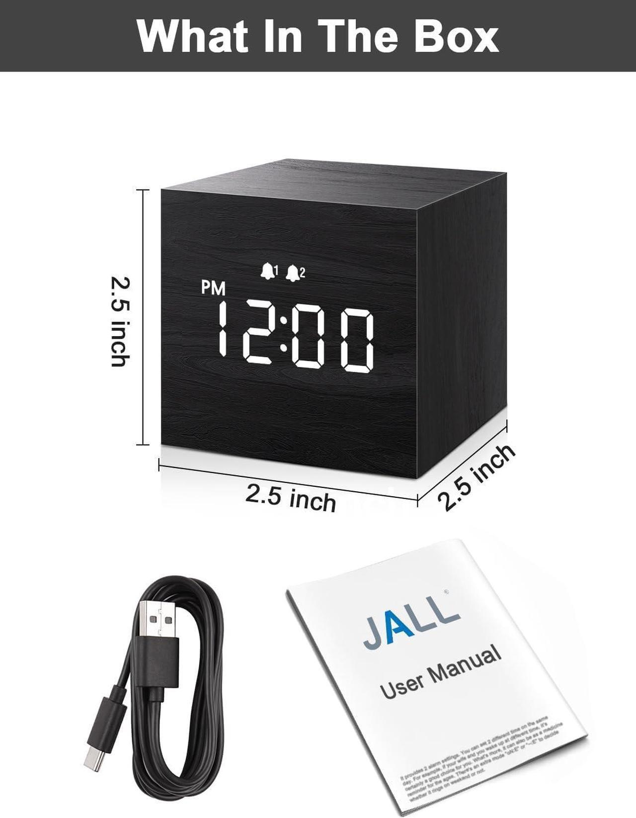 Alt view image 7 of 7 - JALL Digital Alarm Clock, with Wooden Electronic LED Time Display, Dual Alarm, 2.5-inch Cubic Small Mini Wood Made Electric Clocks for Bedroom, Bedside, Desk, Black