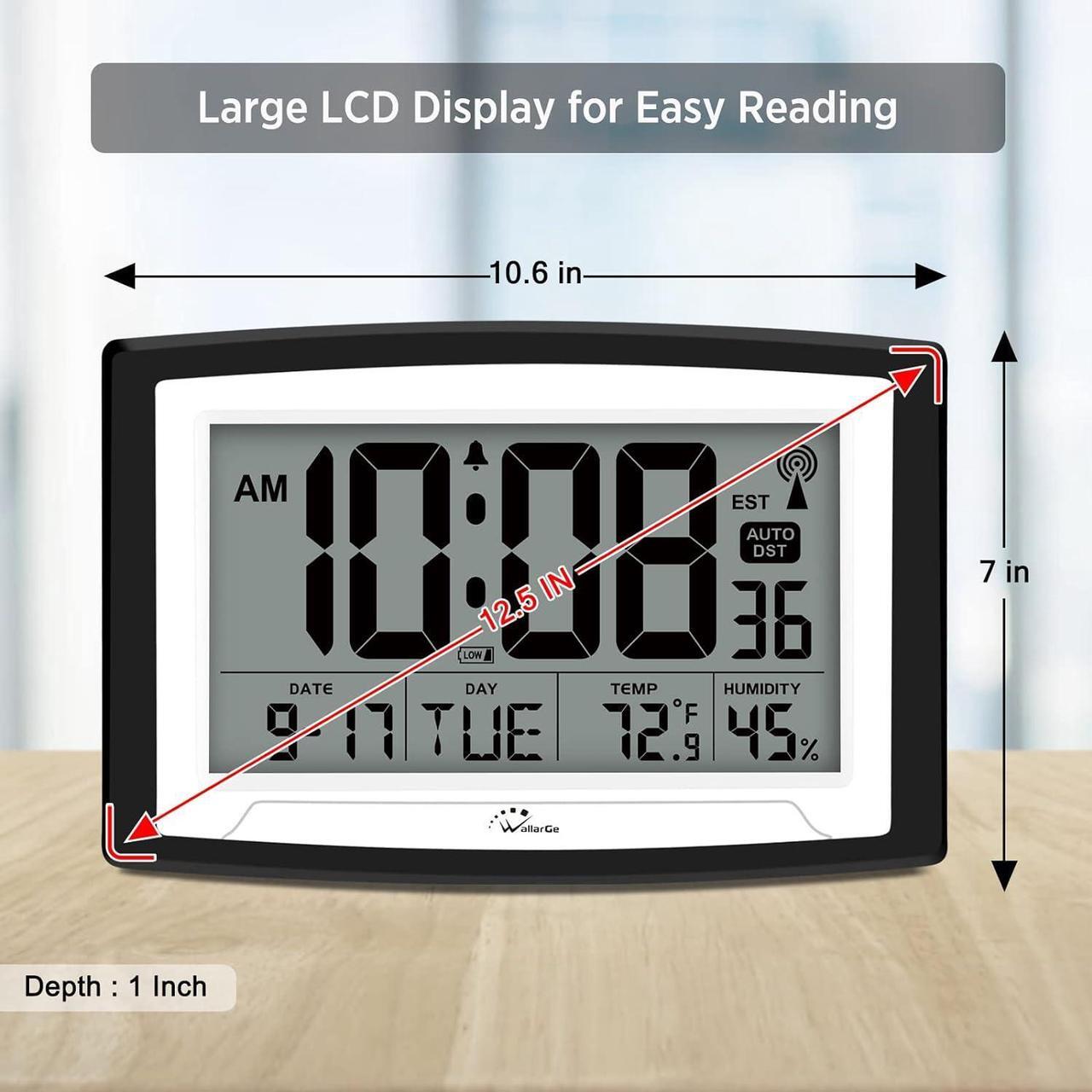 Alt view image 3 of 6 - WallarGe Atomic Clock with Indoor Temperature and Humidity, 12.5 Inch Self-Setting Digital Wall Clock or Desk Clock, Battery Operated Digital Clock Large Display for Seniors, Auto DST