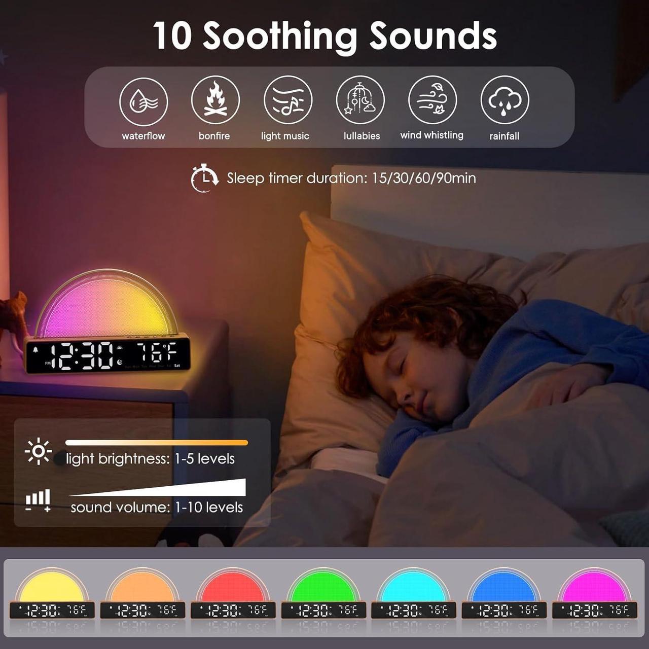 Alt view image 3 of 7 - Sunrise Alarm Clock, Wake Up Light Dawn Simulator, Bedside Lamp Color Night Light with USB Charger, Sleep Aid, Loud Sunlight Alarm Clock for Heavy Sleepers Adults, Gift for Kids Teens Boys Girls