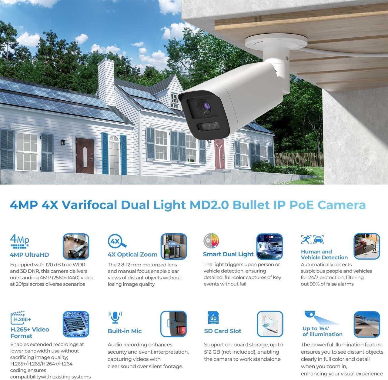 Alt view image 2 of 7 - 4MP Optical Zoom IP Camera,4X Outdoor Varifocal Bullet PoE Camera with 2.8-12mm Motorized Lens, Human and Vehicle Detection, 164ft Smart Color Night Vision, MIC, H265+, IP67 Waterproof