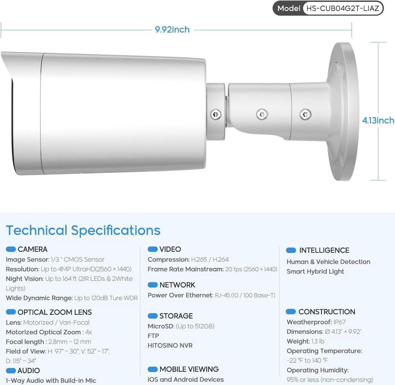 Alt view image 3 of 7 - 4MP Optical Zoom IP Camera,4X Outdoor Varifocal Bullet PoE Camera with 2.8-12mm Motorized Lens, Human and Vehicle Detection, 164ft Smart Color Night Vision, MIC, H265+, IP67 Waterproof