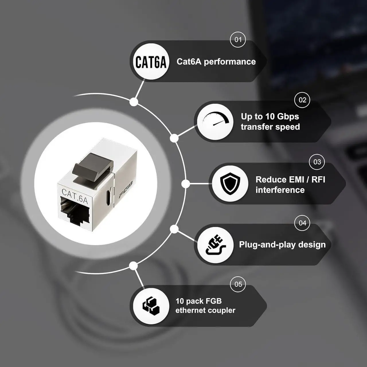 Alt view image 2 of 6 - FGB 10 Pack Cat6a Shielded Keystone Coupler, Female to Female RJ45 Keystone Jack, Ethernet Keystone Coupler in Silver