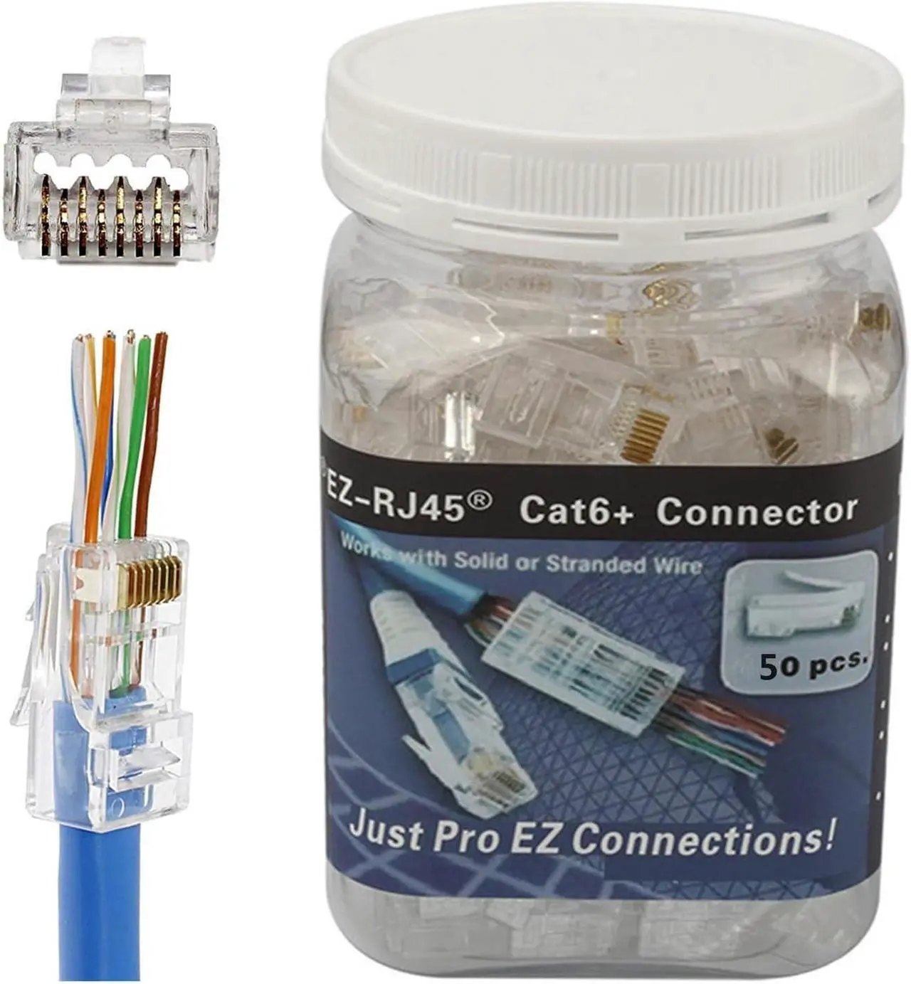 Main image of PETECHTOOL RJ45 CAT6A CAT6 Pass Through Connectors 23 AWG Cables 50-Pack - End Bold Ethernet 8P8C Gold Plated Modular Plug for Unshielded Twisted Pair Solid Wire & Standard Cables