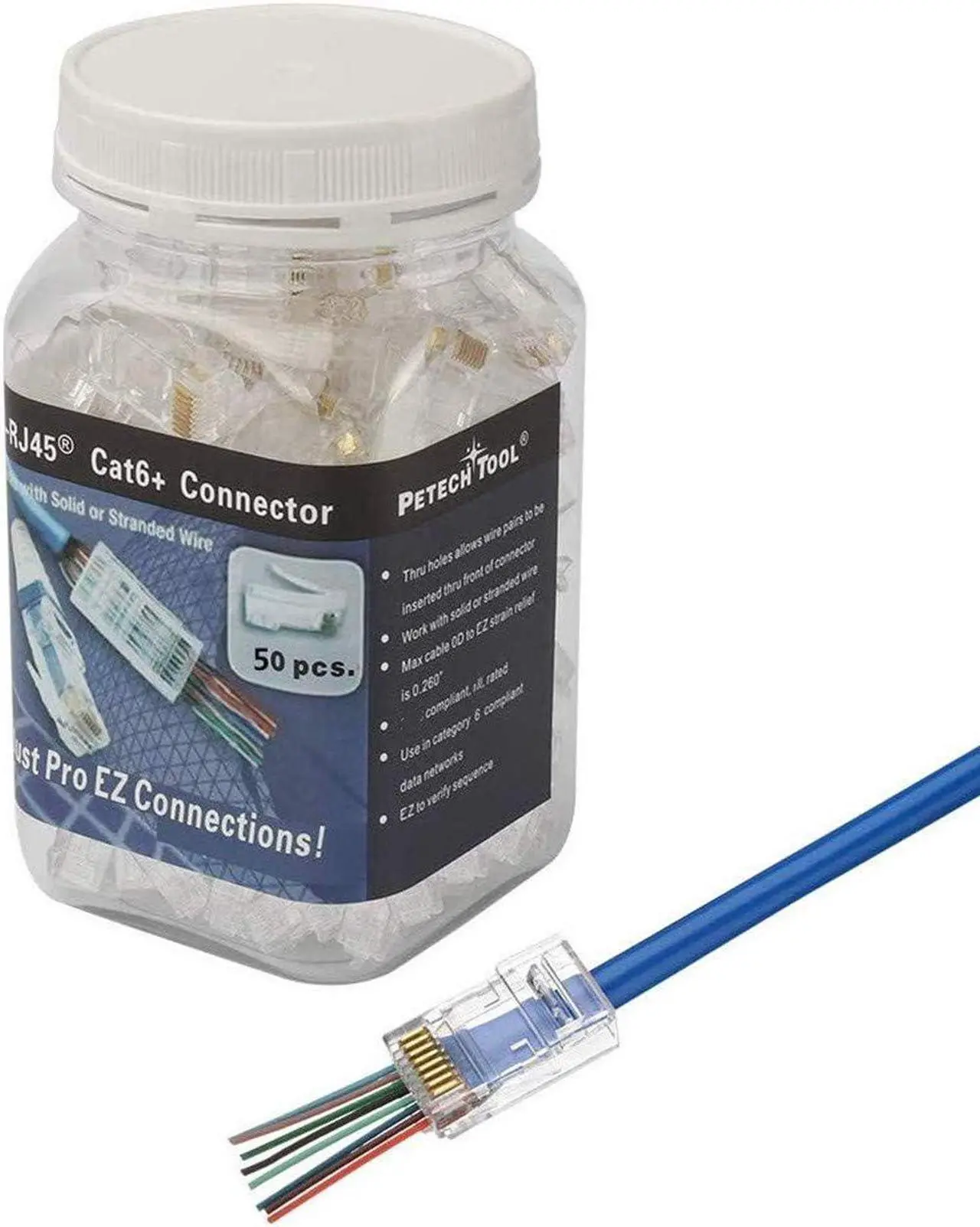 Alt view image 5 of 7 - PETECHTOOL RJ45 CAT6A CAT6 Pass Through Connectors 23 AWG Cables 50-Pack - End Bold Ethernet 8P8C Gold Plated Modular Plug for Unshielded Twisted Pair Solid Wire & Standard Cables