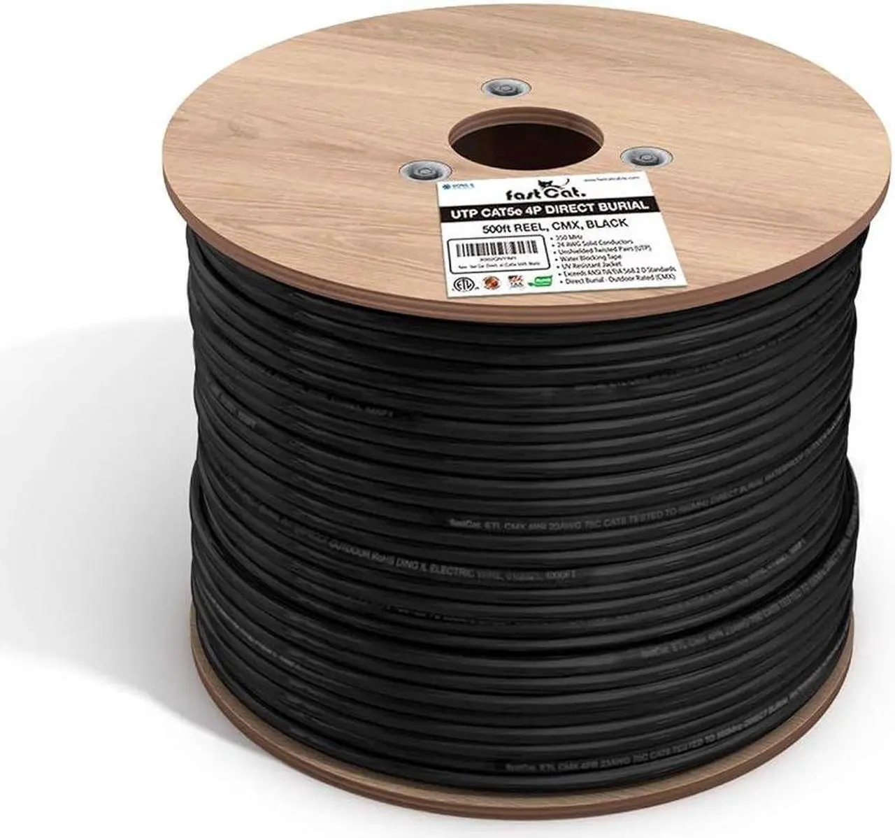 Main image of fast Cat. Cat5e Outdoor, 500ft, Waterproof Direct Burial Rated CMX, Black 24AWG Solid Bare Copper, 350MHz, UL Listed, Unshielded UTP, Bulk Ethernet Cable