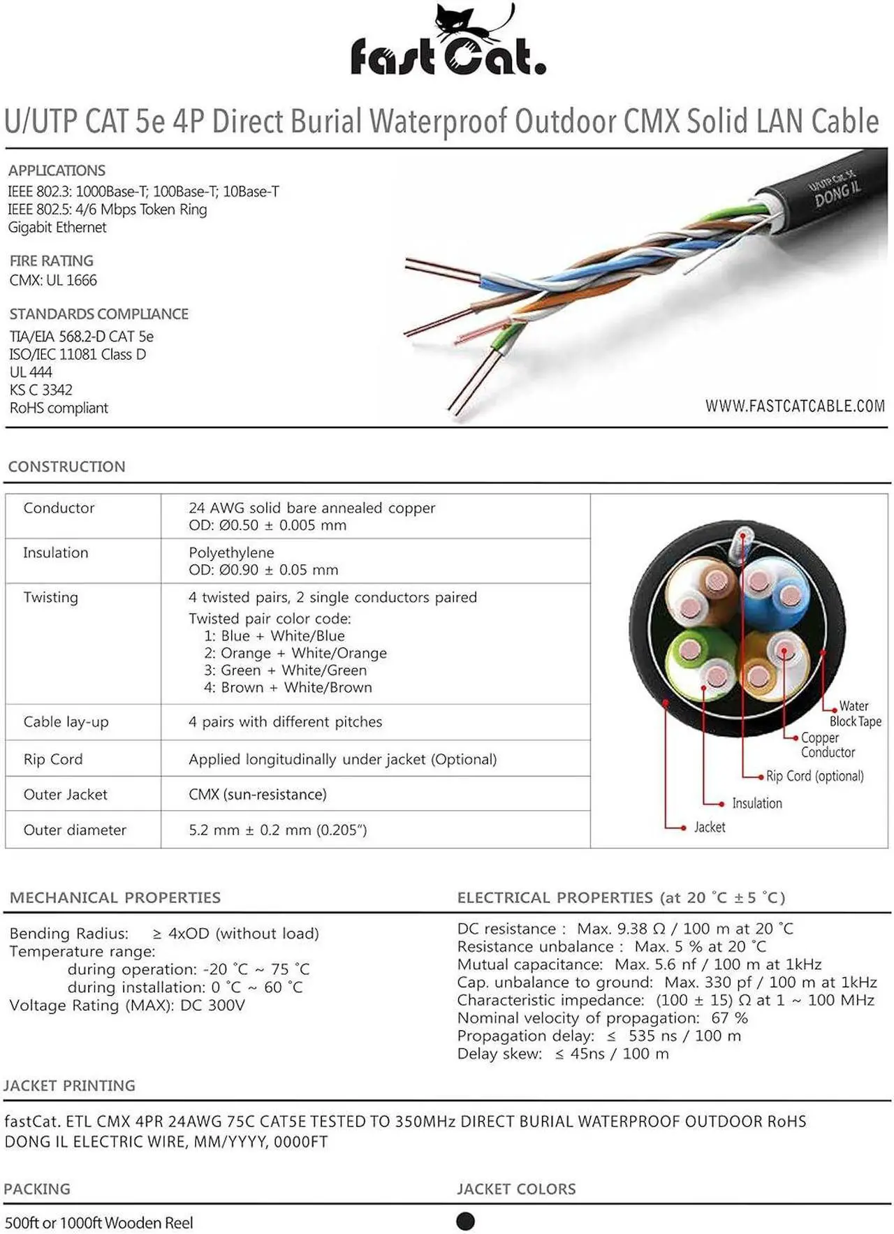 Alt view image 2 of 5 - fast Cat. Cat5e Outdoor, 500ft, Waterproof Direct Burial Rated CMX, Black 24AWG Solid Bare Copper, 350MHz, UL Listed, Unshielded UTP, Bulk Ethernet Cable
