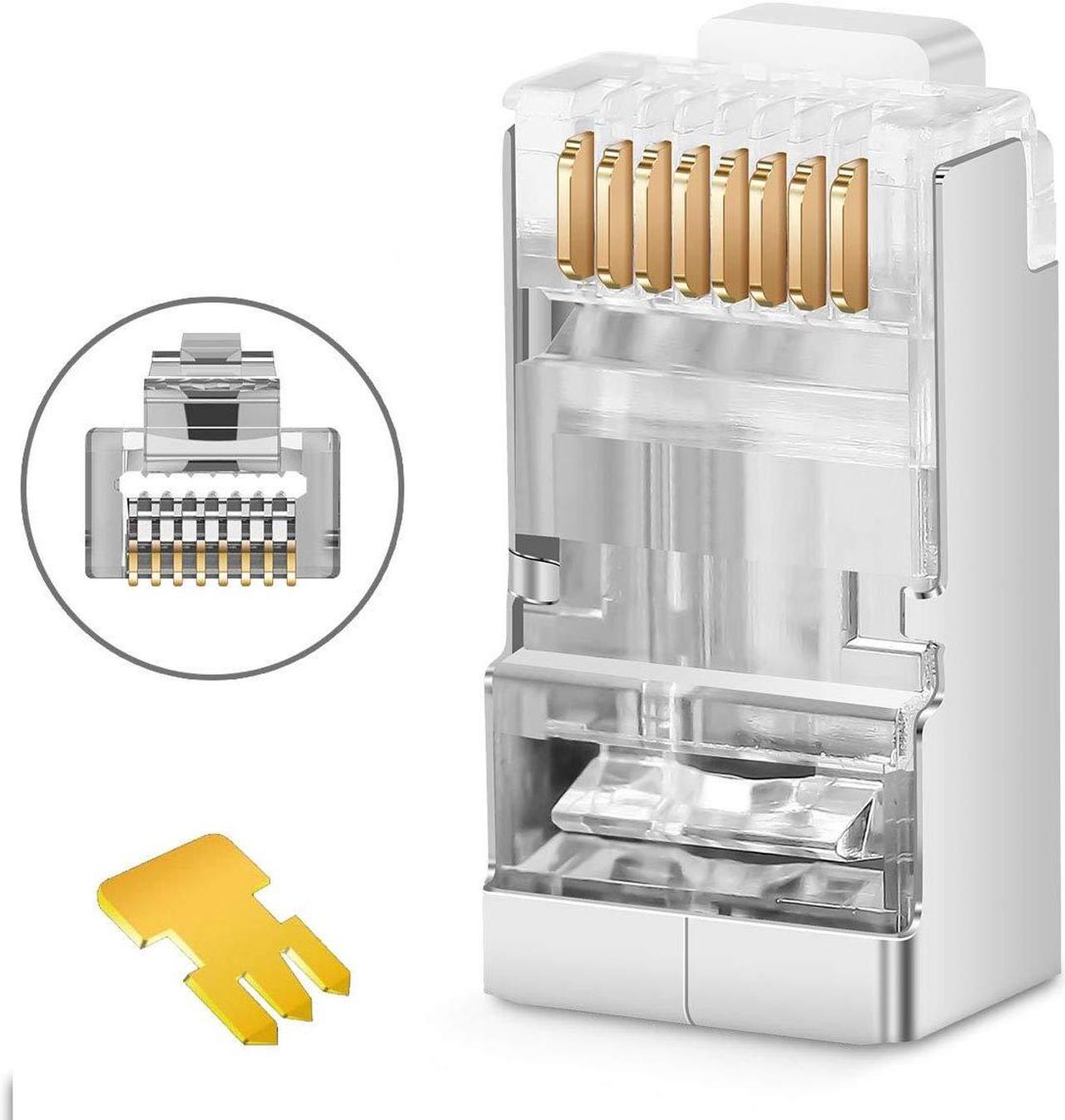 Main image of Shielded RJ45 CAT5 CAT6 Pass Through Connectors - Pass through Modular Plugs Gold Plated 3 Prong 8P8C Ethernet Ends for Solid Wire and Stranded Cable(50pcs)