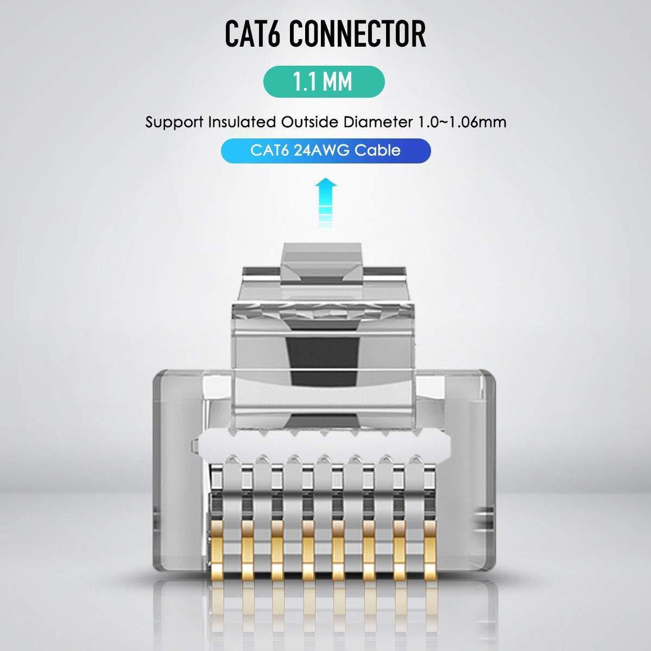 Alt view image 3 of 7 - Shielded RJ45 CAT5 CAT6 Pass Through Connectors - Pass through Modular Plugs Gold Plated 3 Prong 8P8C Ethernet Ends for Solid Wire and Stranded Cable(50pcs)