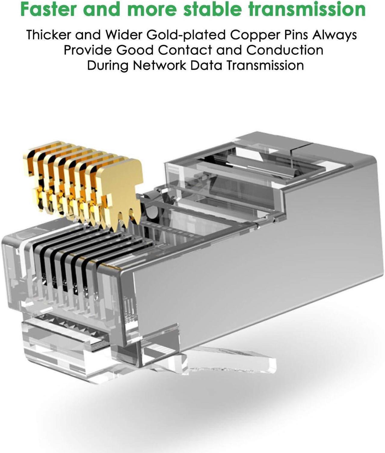Alt view image 4 of 7 - Shielded RJ45 CAT5 CAT6 Pass Through Connectors - Pass through Modular Plugs Gold Plated 3 Prong 8P8C Ethernet Ends for Solid Wire and Stranded Cable(50pcs)