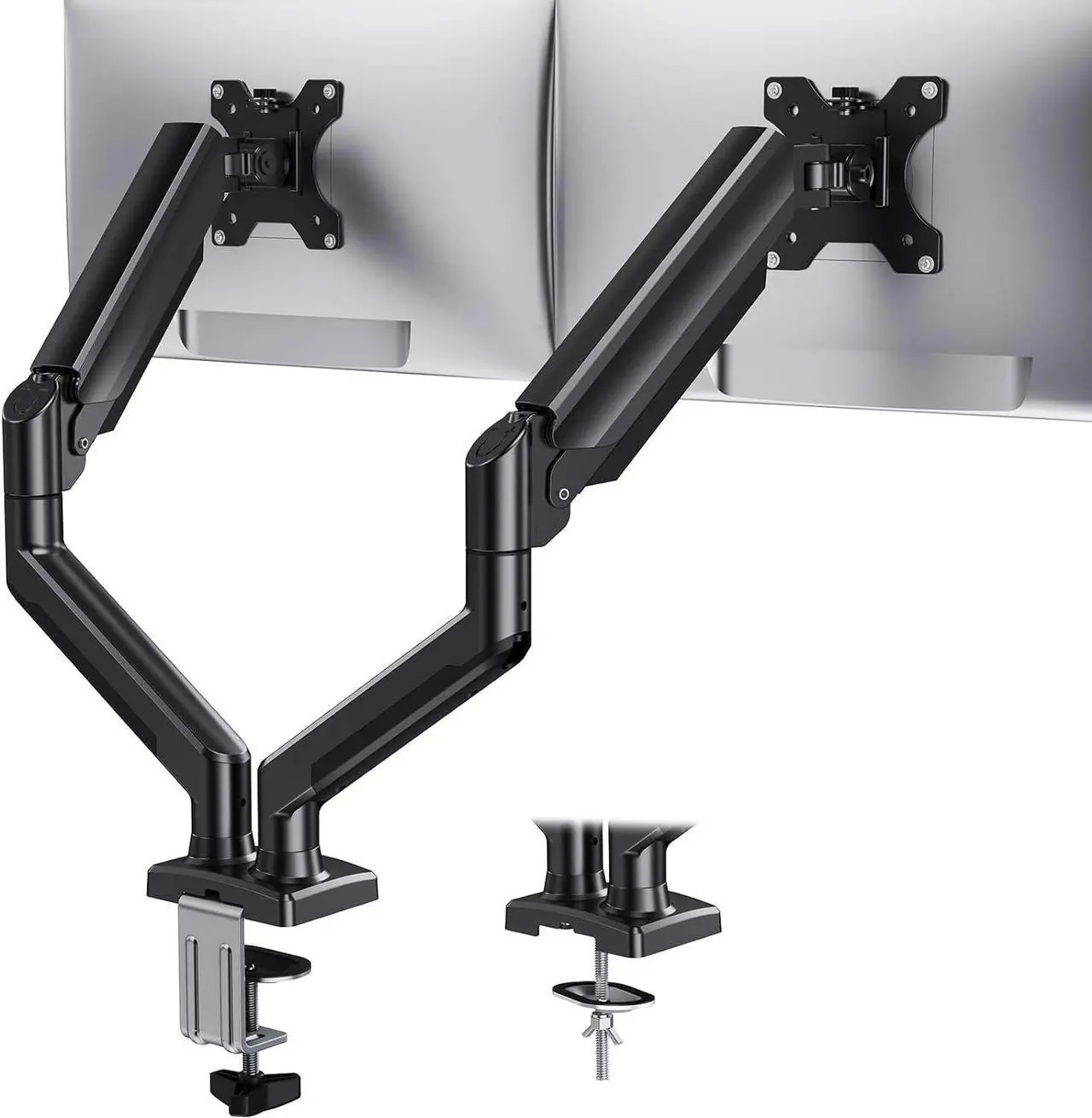 Main image of Dual Monitor Mount for 2 Monitors up to 32 inches Each Arm Holds Max 22lbs Dual Monitor Stand with Gas Spring System Height-Adjustable/Tilt/Swivel/Rotate VESA Standard 75mm or 100mm