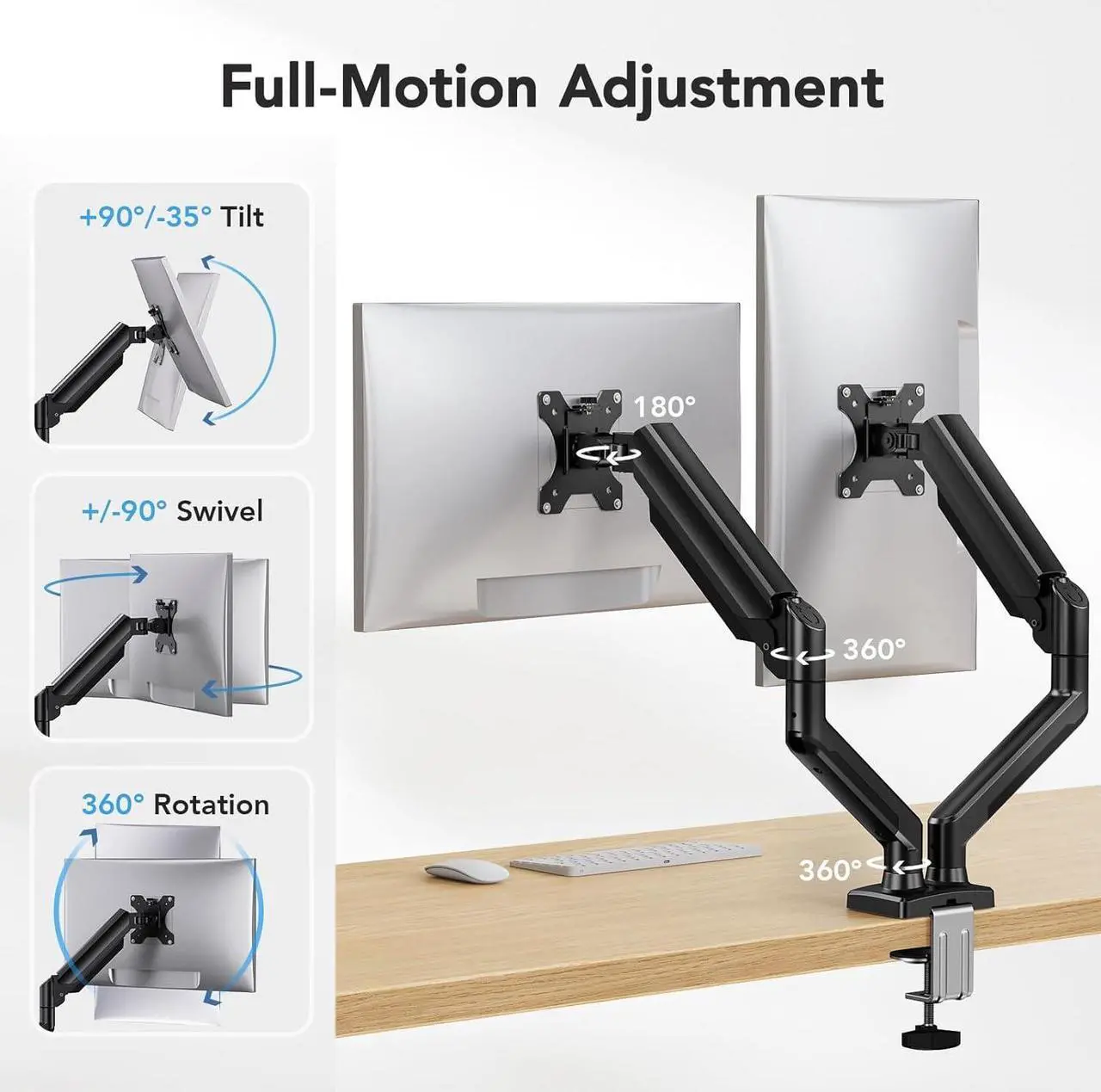 Alt view image 3 of 7 - Dual Monitor Mount for 2 Monitors up to 32 inches Each Arm Holds Max 22lbs Dual Monitor Stand with Gas Spring System Height-Adjustable/Tilt/Swivel/Rotate VESA Standard 75mm or 100mm