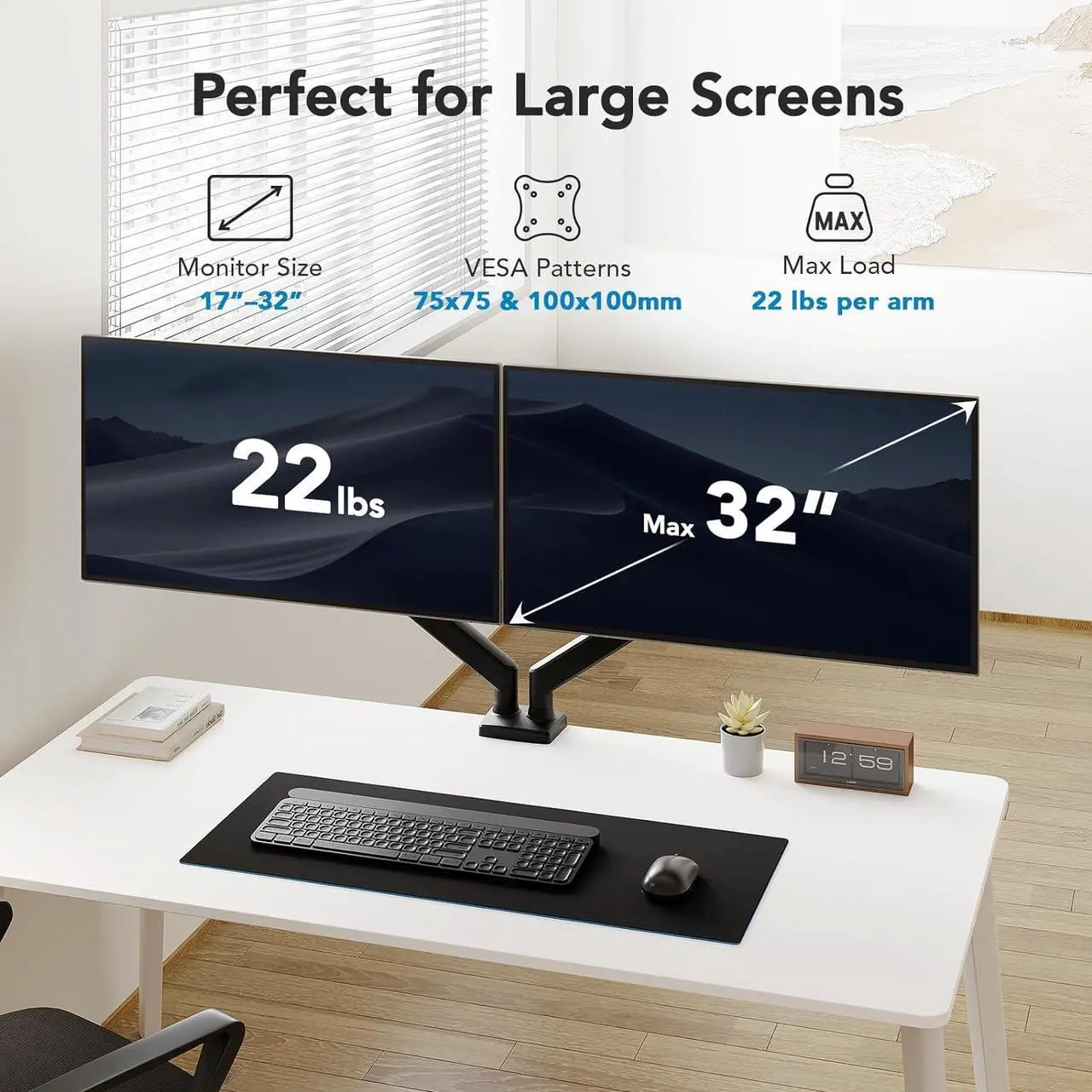 Alt view image 2 of 7 - Dual Monitor Mount for 2 Monitors up to 32 inches Each Arm Holds Max 22lbs Dual Monitor Stand with Gas Spring System Height-Adjustable/Tilt/Swivel/Rotate VESA Standard 75mm or 100mm