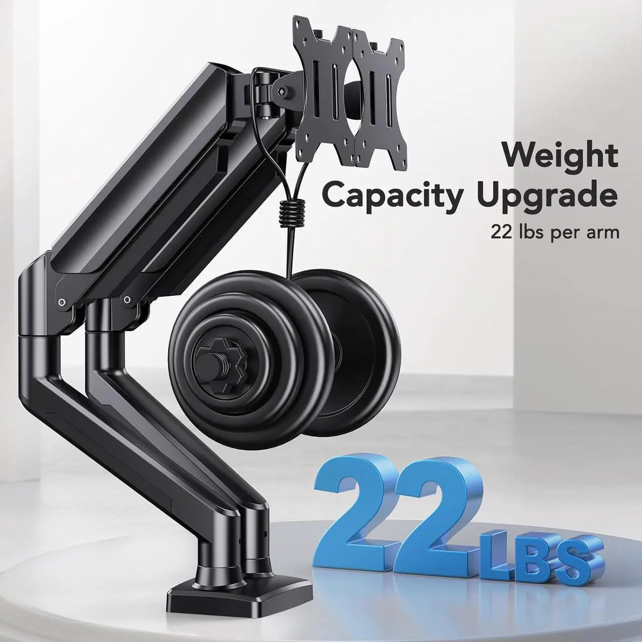 Alt view image 5 of 7 - Dual Monitor Mount for 2 Monitors up to 32 inches Each Arm Holds Max 22lbs Dual Monitor Stand with Gas Spring System Height-Adjustable/Tilt/Swivel/Rotate VESA Standard 75mm or 100mm
