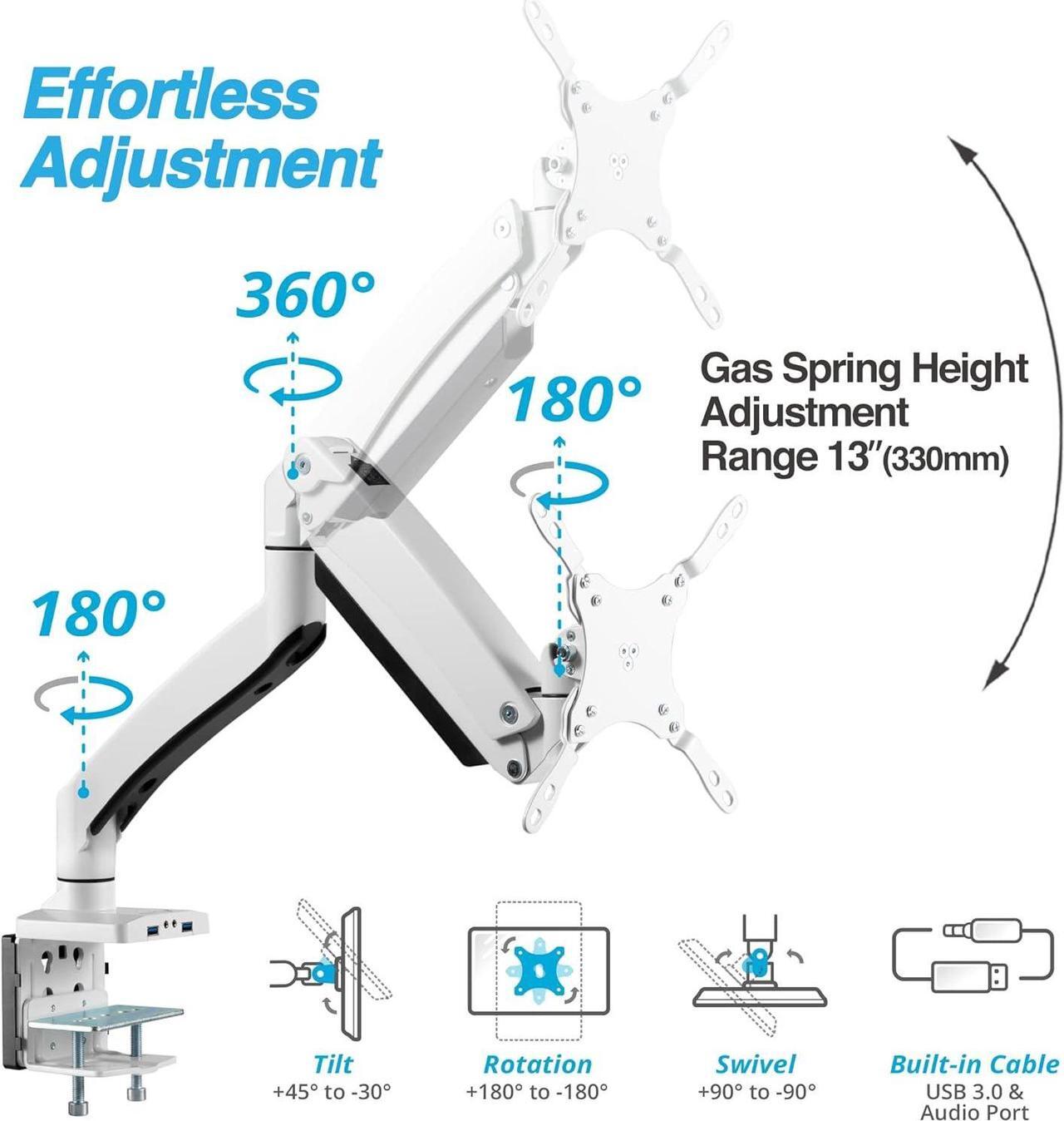 Alt view image 3 of 7 - AVLT Single 17"-49" Super Ultrawide Monitor Arm for Screens Up to 50 lbs, Premium Aluminum Desk Stand, Adjustable Pneumatic Height, Full Motion Swivel Tilt Rotation, USB 3.0 & AUX Ports, White