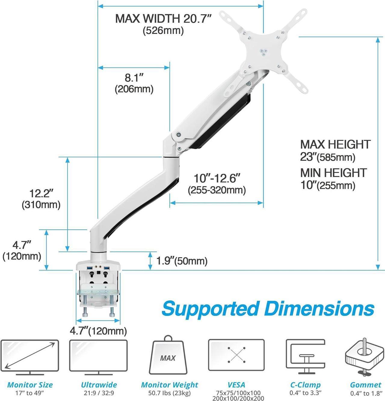 Alt view image 2 of 7 - AVLT Single 17"-49" Super Ultrawide Monitor Arm for Screens Up to 50 lbs, Premium Aluminum Desk Stand, Adjustable Pneumatic Height, Full Motion Swivel Tilt Rotation, USB 3.0 & AUX Ports, White