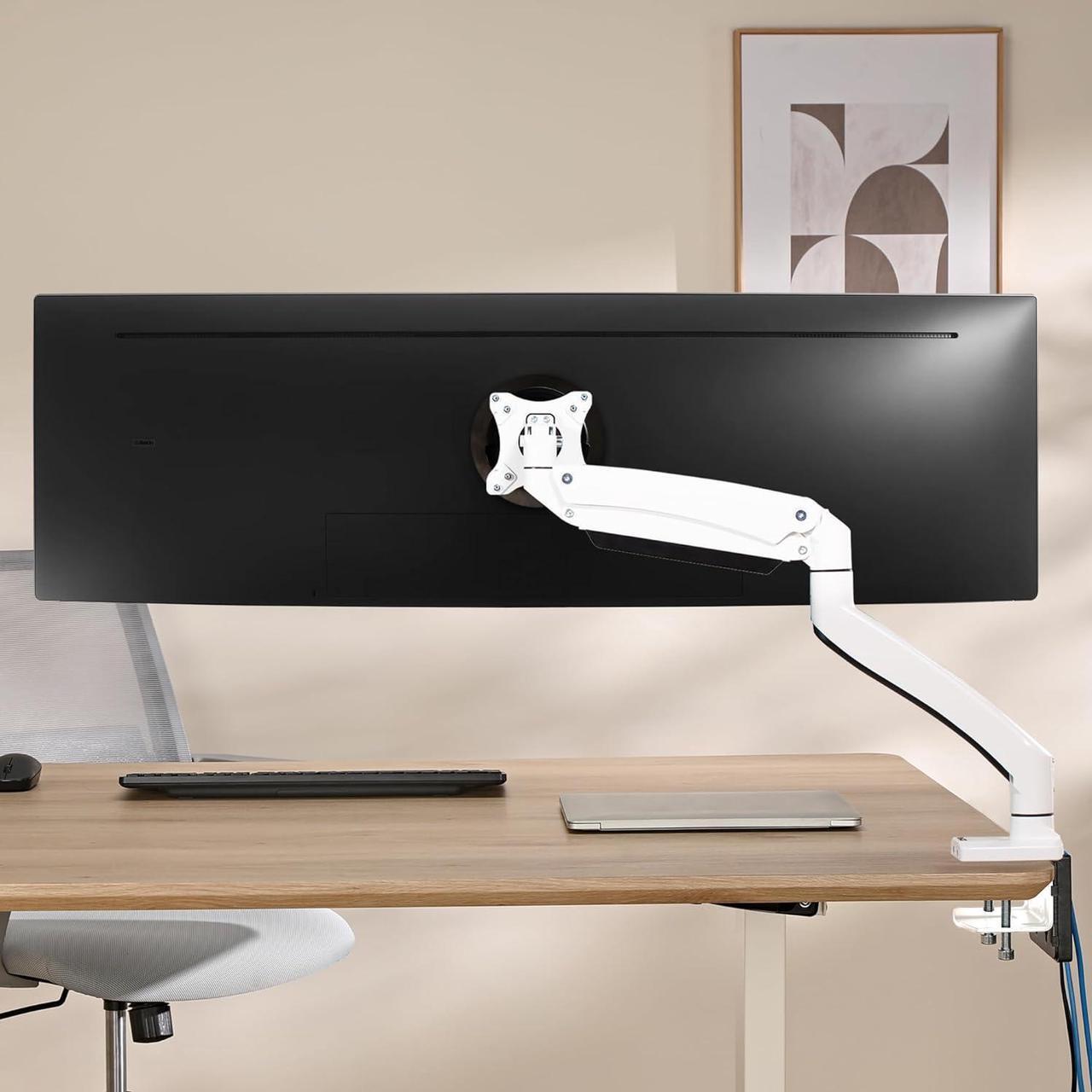 Alt view image 6 of 7 - AVLT Single 17"-49" Super Ultrawide Monitor Arm for Screens Up to 50 lbs, Premium Aluminum Desk Stand, Adjustable Pneumatic Height, Full Motion Swivel Tilt Rotation, USB 3.0 & AUX Ports, White