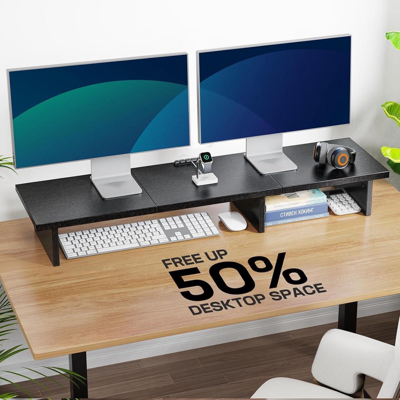 Alt view image 2 of 6 - HUANUO Dual Monitor Stand Riser, Monitor Stand for Desk with Cable Clip, Computer Monitor Stand for 2 Monitors, Desktop Storage Shelf Organizer Stand for PC, Laptop, Printer, TV