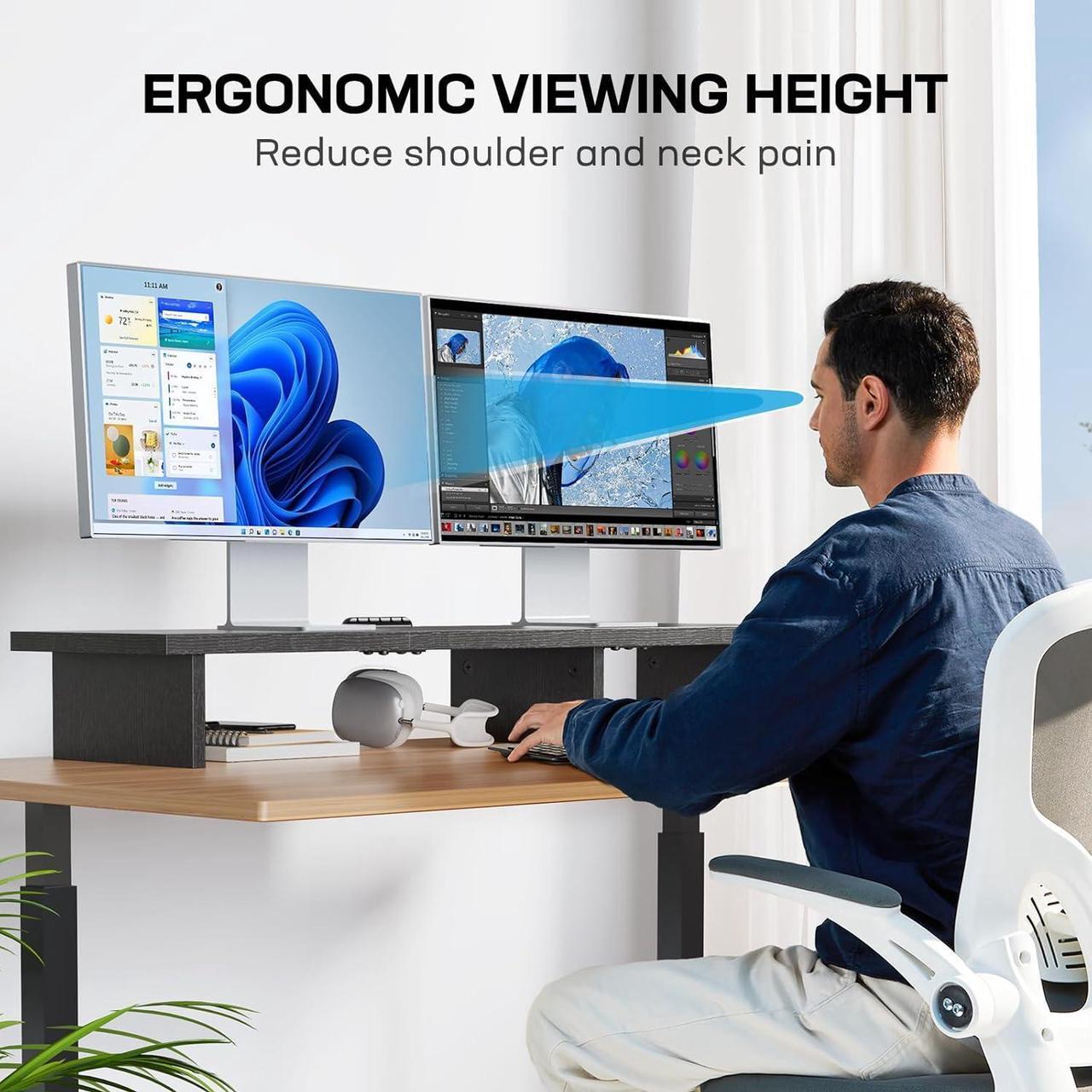 Alt view image 3 of 6 - HUANUO Dual Monitor Stand Riser, Monitor Stand for Desk with Cable Clip, Computer Monitor Stand for 2 Monitors, Desktop Storage Shelf Organizer Stand for PC, Laptop, Printer, TV