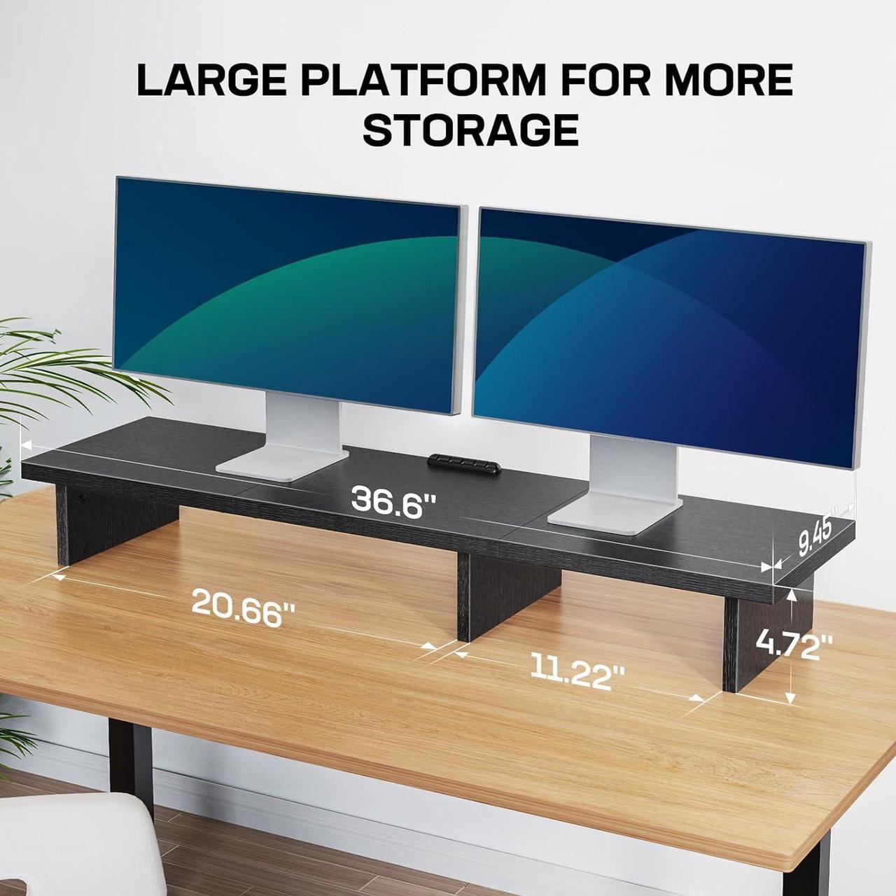 Alt view image 5 of 6 - HUANUO Dual Monitor Stand Riser, Monitor Stand for Desk with Cable Clip, Computer Monitor Stand for 2 Monitors, Desktop Storage Shelf Organizer Stand for PC, Laptop, Printer, TV