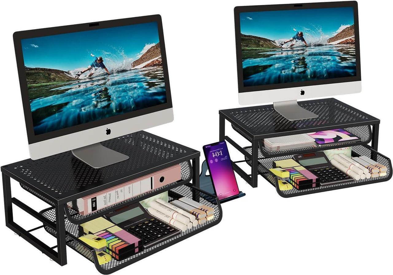 Main image of 2 Pack 2-Tier Metal Monitor Stand Riser and Computer Desk Organizer with 2 Drawer for Laptop, Computer, iMac, Black