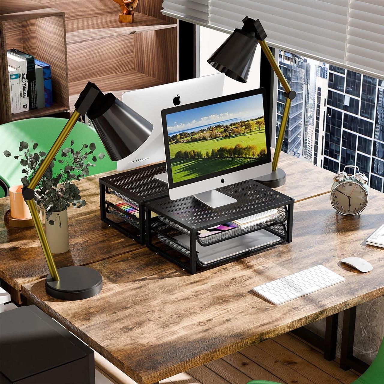 Alt view image 2 of 7 - 2 Pack 2-Tier Metal Monitor Stand Riser and Computer Desk Organizer with 2 Drawer for Laptop, Computer, iMac, Black