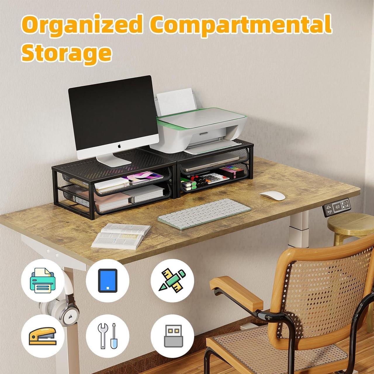 Alt view image 6 of 7 - 2 Pack 2-Tier Metal Monitor Stand Riser and Computer Desk Organizer with 2 Drawer for Laptop, Computer, iMac, Black