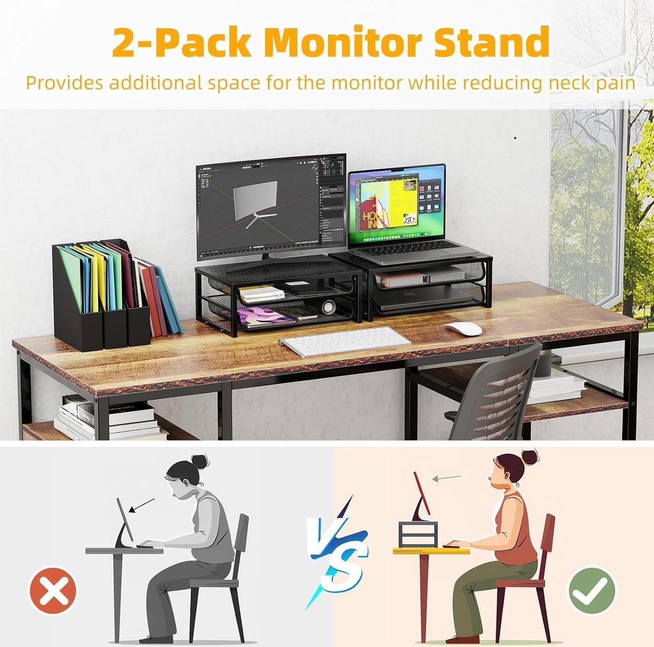 Alt view image 7 of 7 - 2 Pack 2-Tier Metal Monitor Stand Riser and Computer Desk Organizer with 2 Drawer for Laptop, Computer, iMac, Black