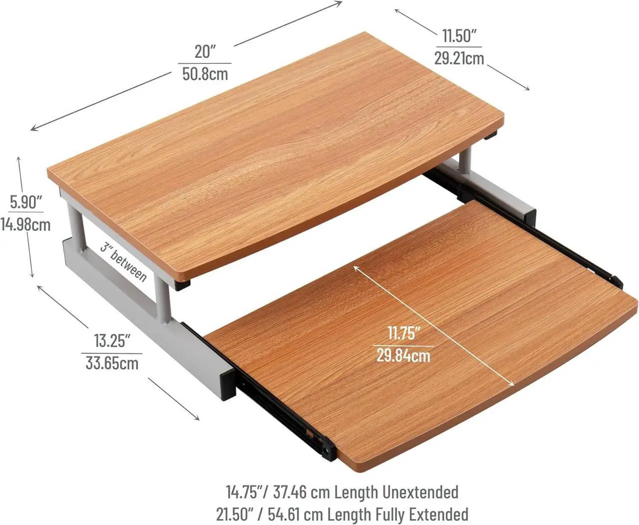 Alt view image 3 of 7 - Mind Reader Monitor Stand, Sliding Keyboard Drawer, Laptop, Riser, Office, Wood/Metal, 20" L x 14.75" W x 5.9" H, Brown, Silver