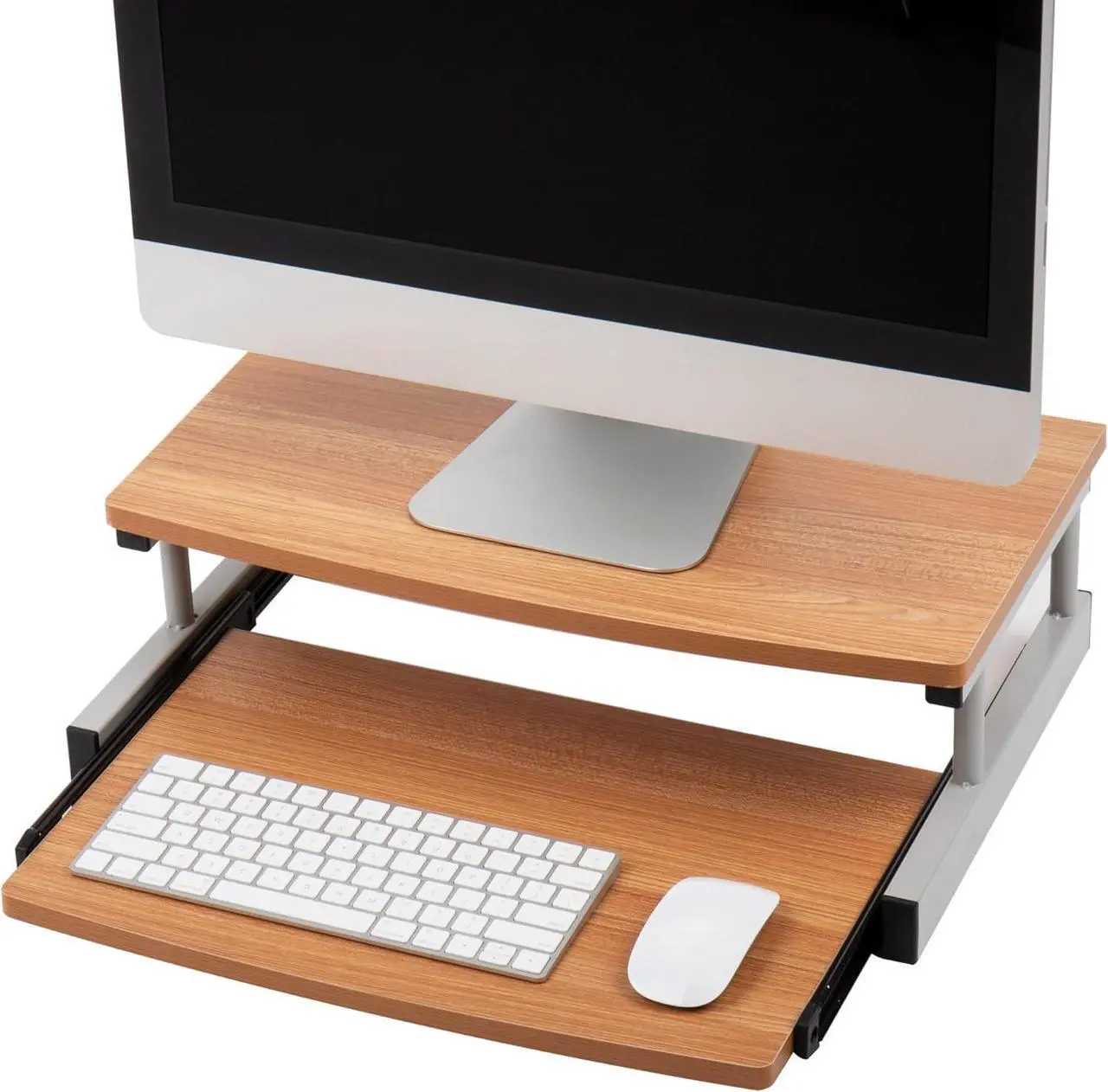 Alt view image 4 of 7 - Mind Reader Monitor Stand, Sliding Keyboard Drawer, Laptop, Riser, Office, Wood/Metal, 20" L x 14.75" W x 5.9" H, Brown, Silver