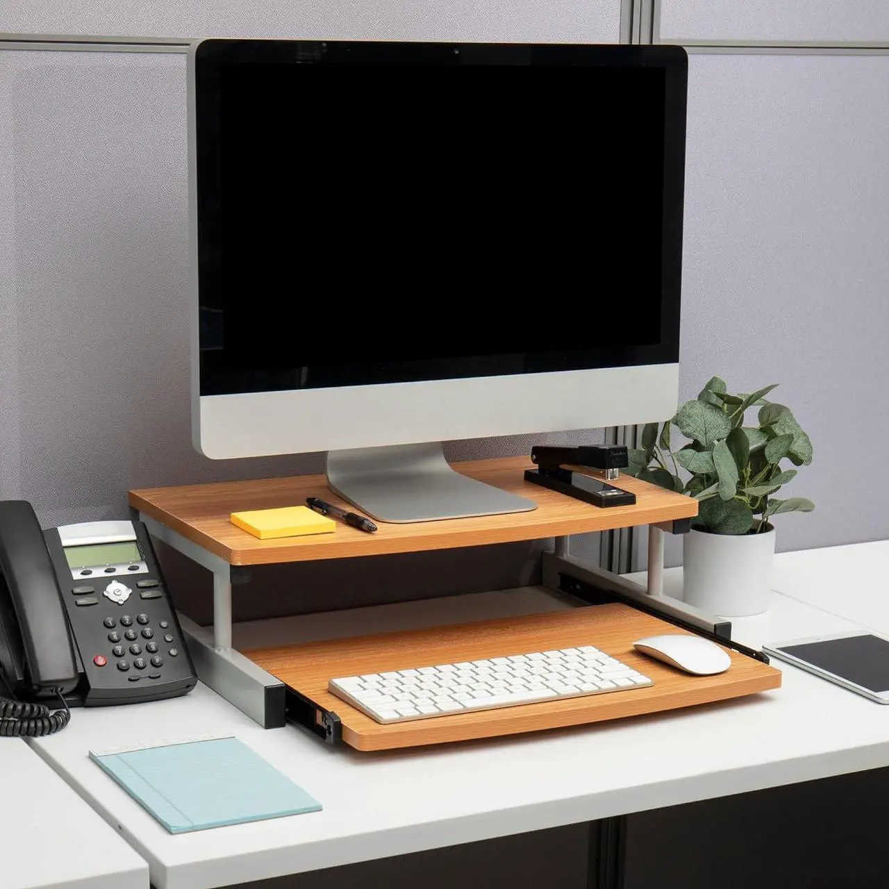Alt view image 2 of 7 - Mind Reader Monitor Stand, Sliding Keyboard Drawer, Laptop, Riser, Office, Wood/Metal, 20" L x 14.75" W x 5.9" H, Brown, Silver