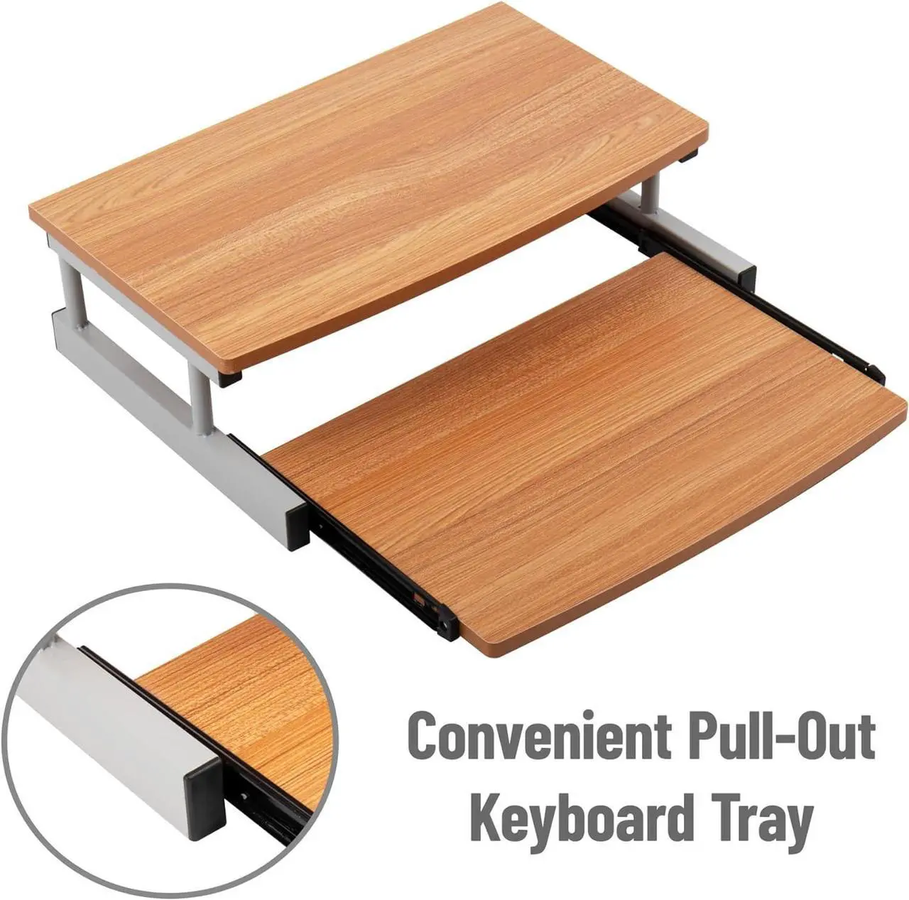 Alt view image 5 of 7 - Mind Reader Monitor Stand, Sliding Keyboard Drawer, Laptop, Riser, Office, Wood/Metal, 20" L x 14.75" W x 5.9" H, Brown, Silver