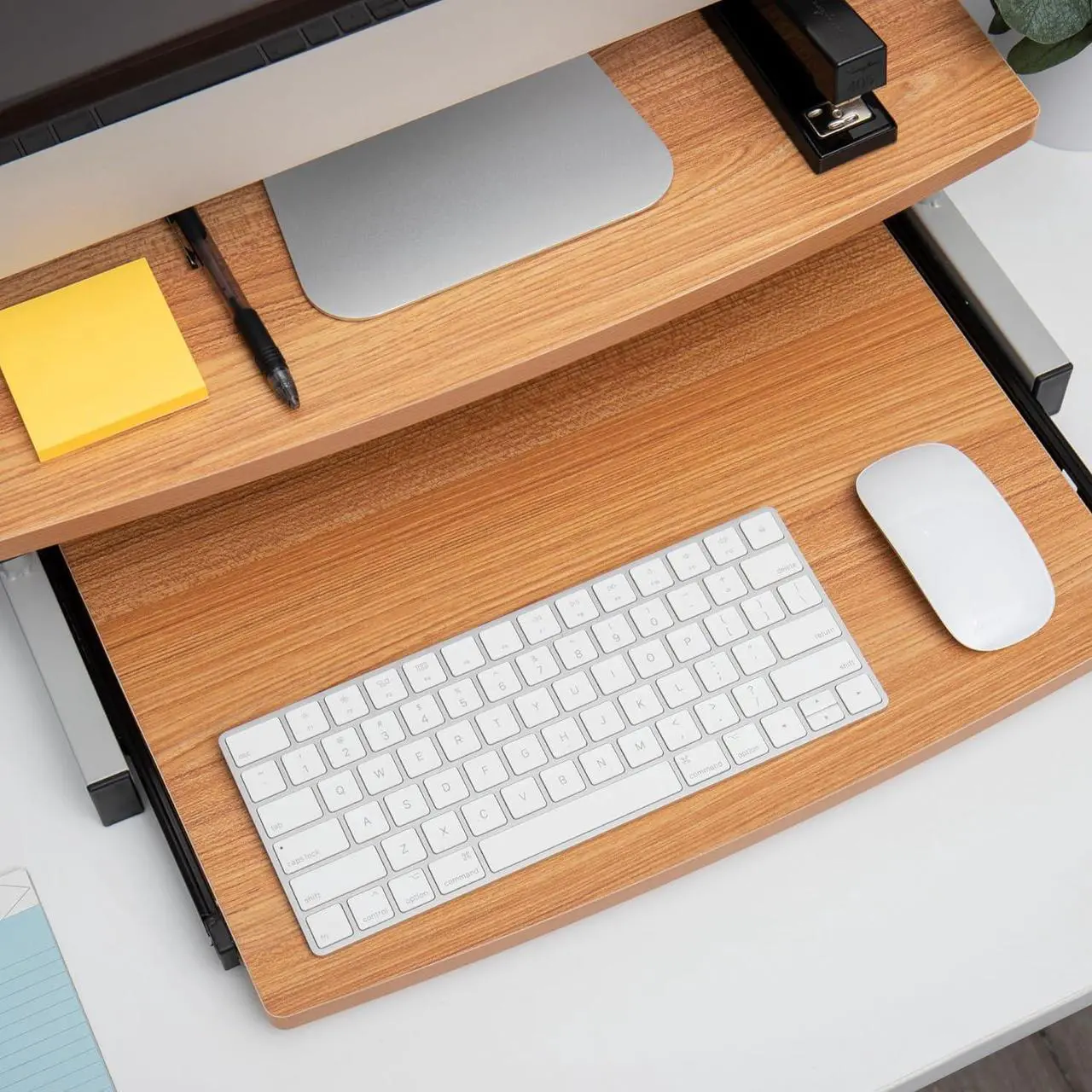 Alt view image 6 of 7 - Mind Reader Monitor Stand, Sliding Keyboard Drawer, Laptop, Riser, Office, Wood/Metal, 20" L x 14.75" W x 5.9" H, Brown, Silver
