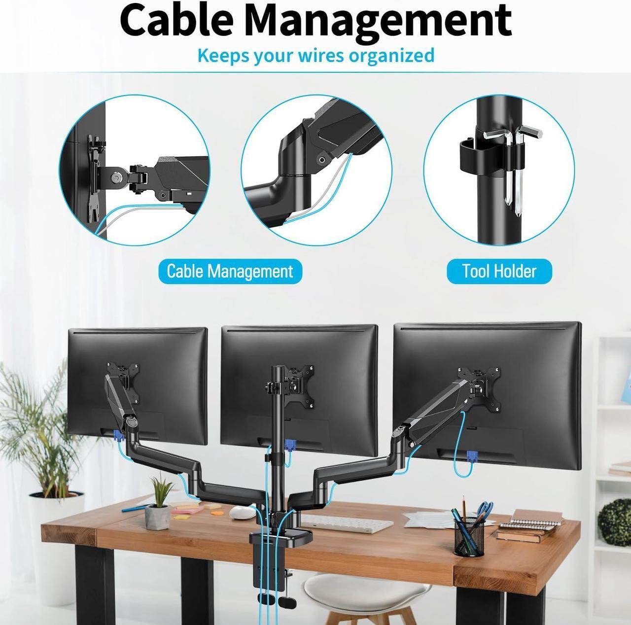 Alt view image 7 of 7 - MOUNTUP Triple Monitor Mount, Three Monitor Desk Mount for Max 27 inch Computer Screens, Triple Monitors Stand with Gas Spring, Monitors Arm with Swivel, Tilt, Rotation, Each Arm Holds Up to 19.8 lbs