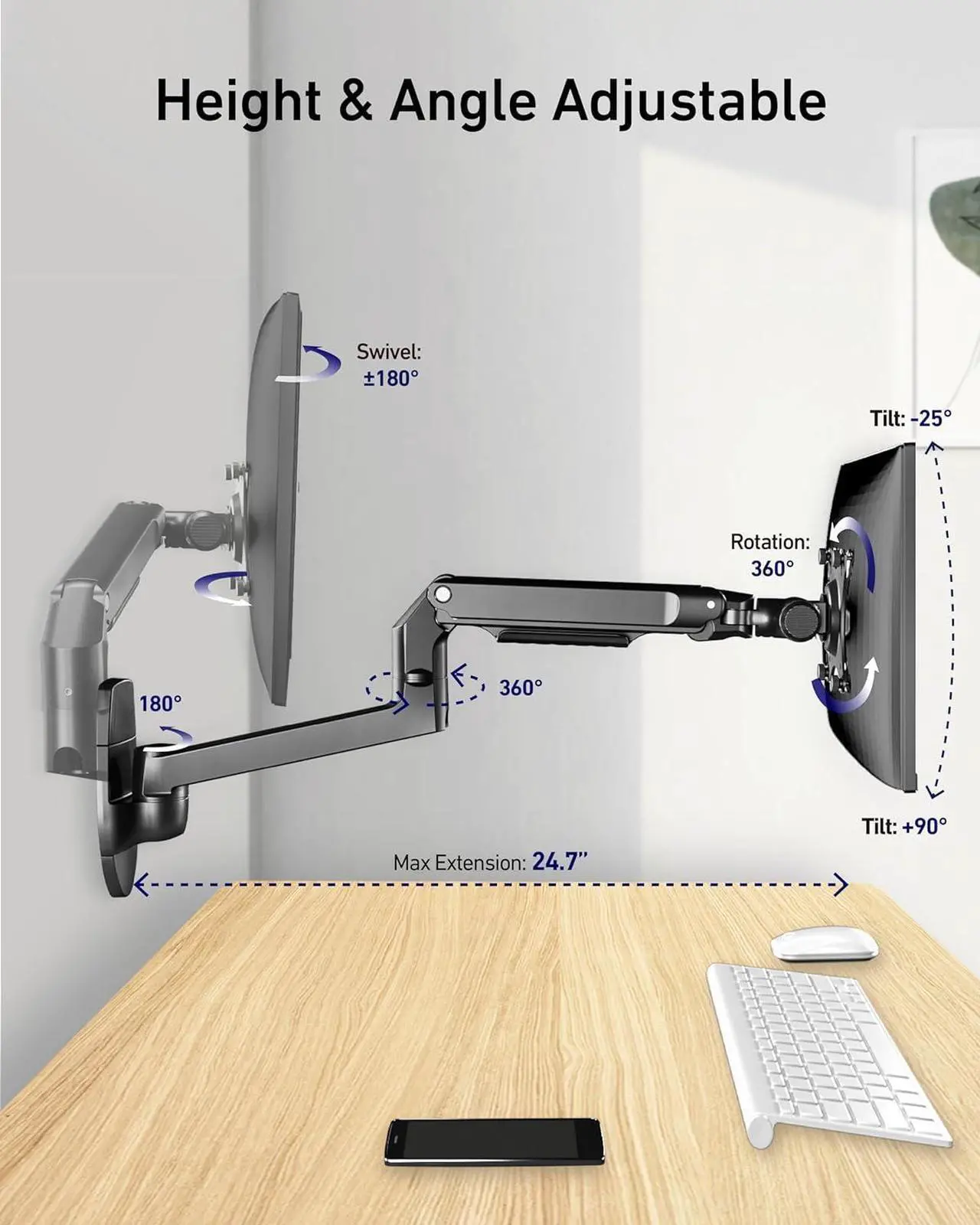Alt view image 2 of 6 - Single Monitor Wall Mount for Flat/Curved Monitors up to 38" Within 25lbs, Full Motion Adjustable Wall Mount Monitor Arm, 75x75/100x100mm VESA Wall Mount Arm with Cable Management, Black
