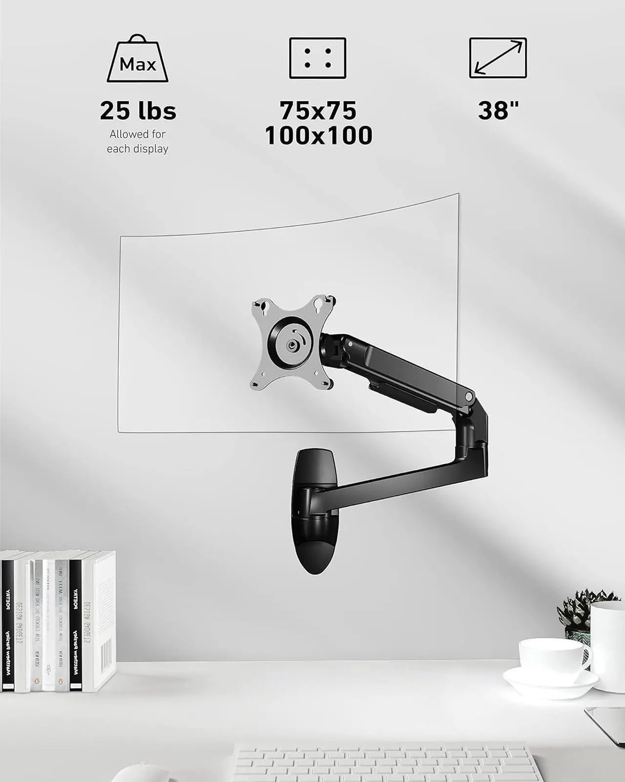Alt view image 4 of 6 - Single Monitor Wall Mount for Flat/Curved Monitors up to 38" Within 25lbs, Full Motion Adjustable Wall Mount Monitor Arm, 75x75/100x100mm VESA Wall Mount Arm with Cable Management, Black